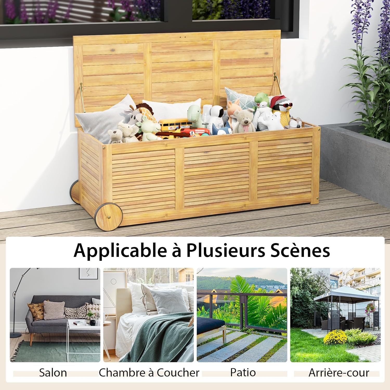 Caja de almacenamiento exterior de 182L rodante, de madera de acacia con 2 ruedas, asa lateral, funda impermeable, para cojines, juguetes, natural - 4