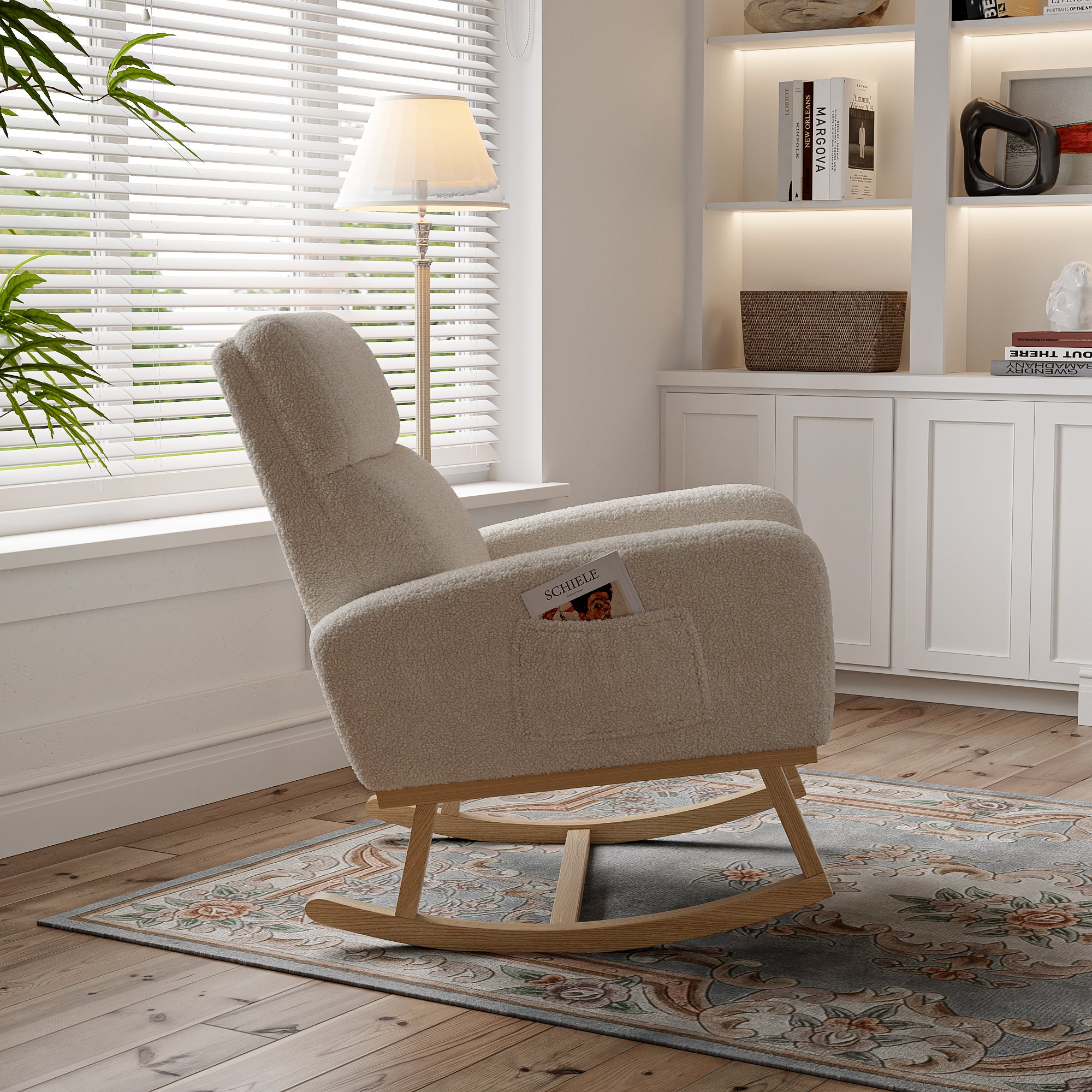 Fauteuil à bascule, avec pieds en bois, poches de rangement , dossier en capitonné, accoudoirs, Rocking chair en sherpa - Beige - 3