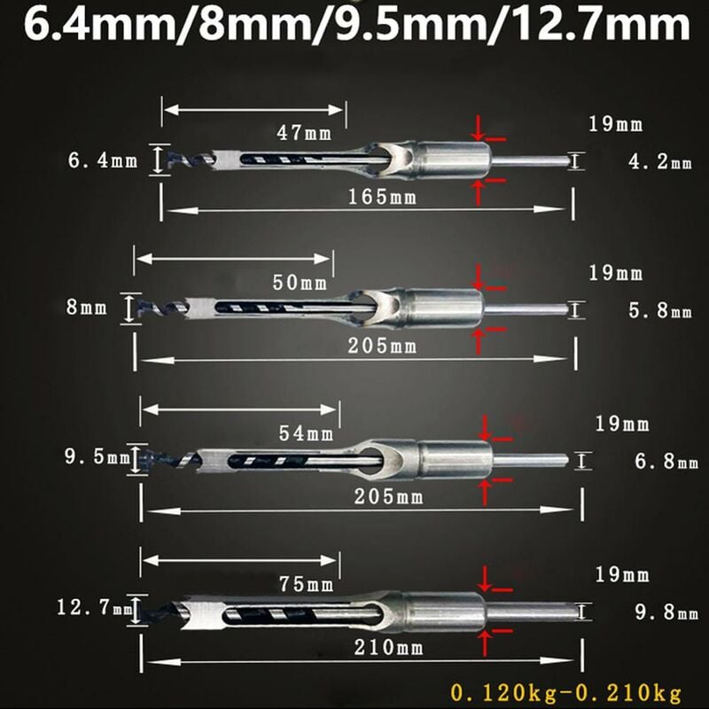 Jeu de forets à trous carrés de 4 pièces, forets à bois à trous carrés, ciseau à mortaise de perçage de trous carrés - 5