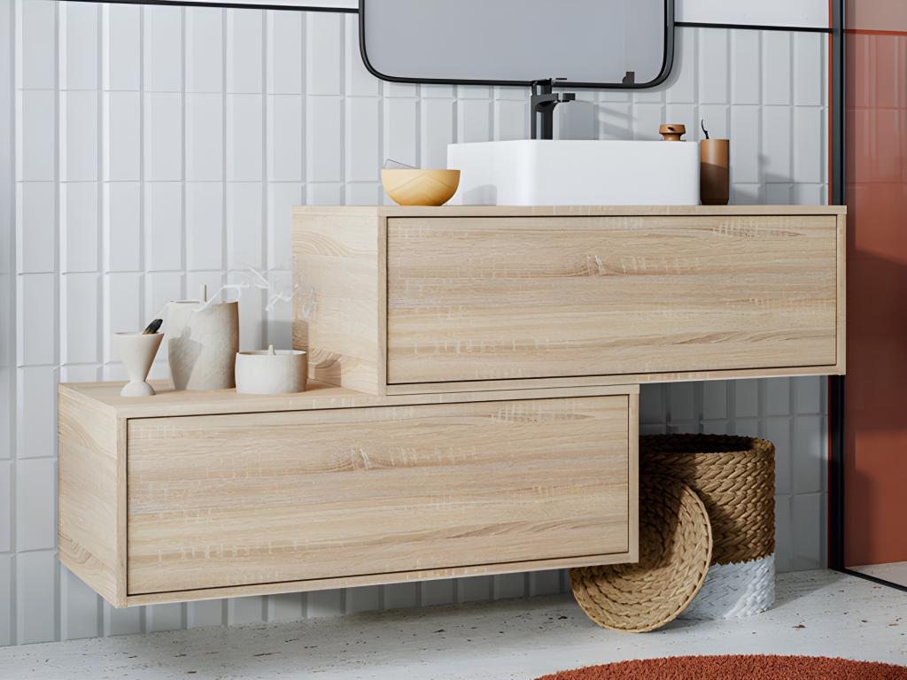 Meuble de salle de bain suspendu naturel clair avec simple vasque