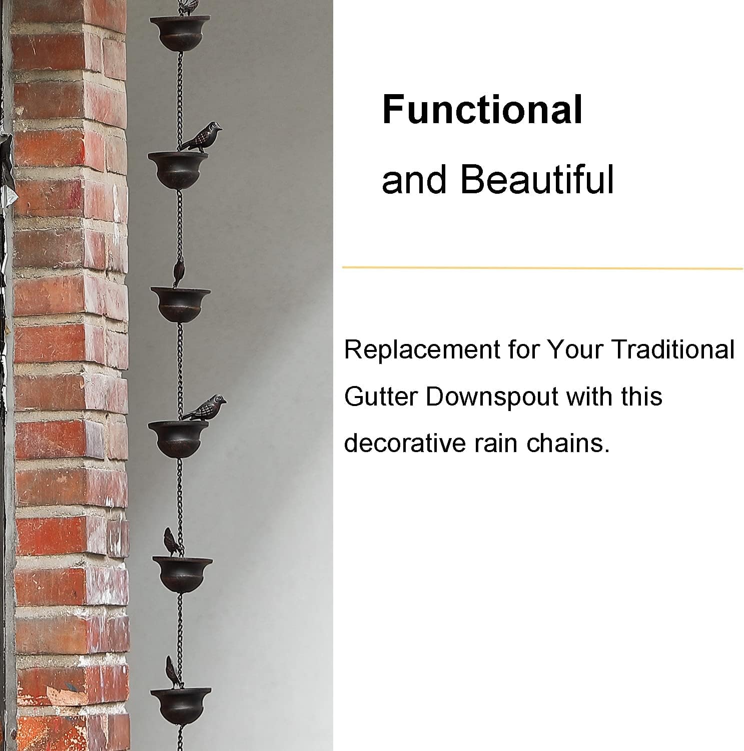 Chaîne de pluie mobile pour gouttières, 5,5 pieds, motif oiseaux, avec support intégré, bronze foncé - 6