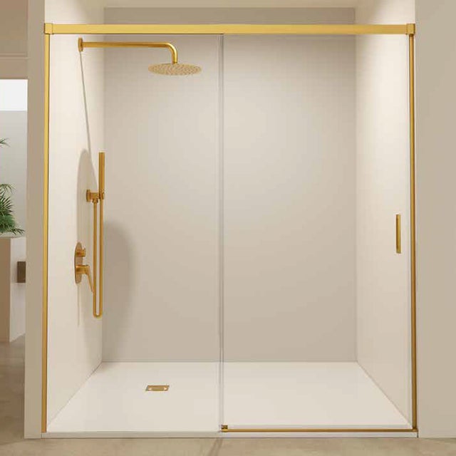 Mampara Ducha Frontal Corredera 1 Puerta 1 Fijo | Vidrio Templado 6mm Antical | Altura 195cm | Perfil Oro Cepillado 175cm (adap. 171,1-176)
