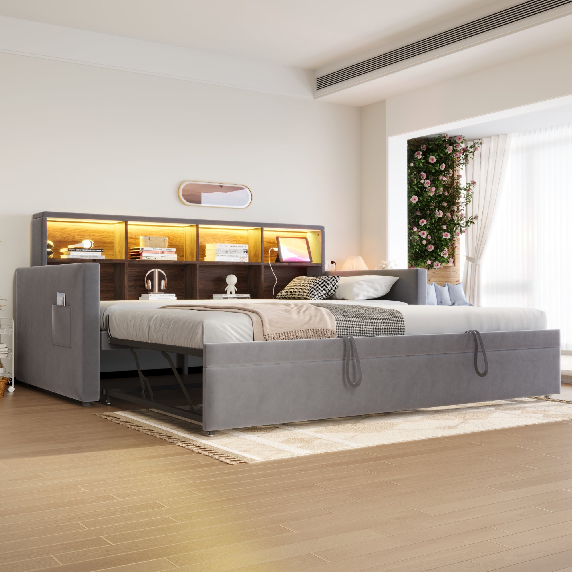 Rozkładana sofa z poduszkami 90x190cm - z oświetleniem LED - z gniazdem ładowania - z wysuwane łóżko - tkanina welurowa - Ciemnoszary - 3