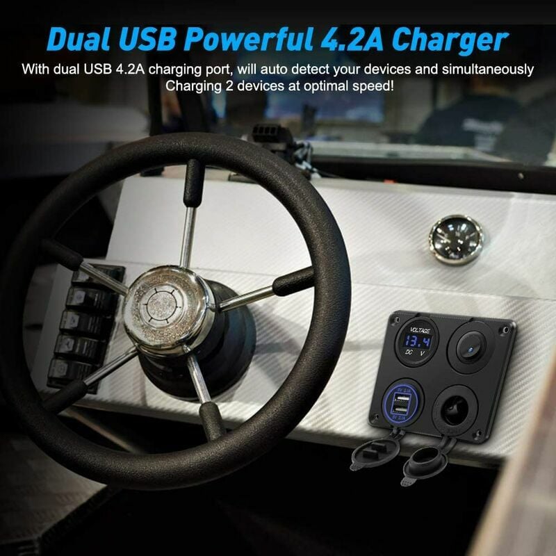 Prise allume-cigare, 4,2 A double ports USB, prise DC 12 V, interrupteur et affichage LED voltmètre étanche chargeur de voiture prise d'alimentation - 3