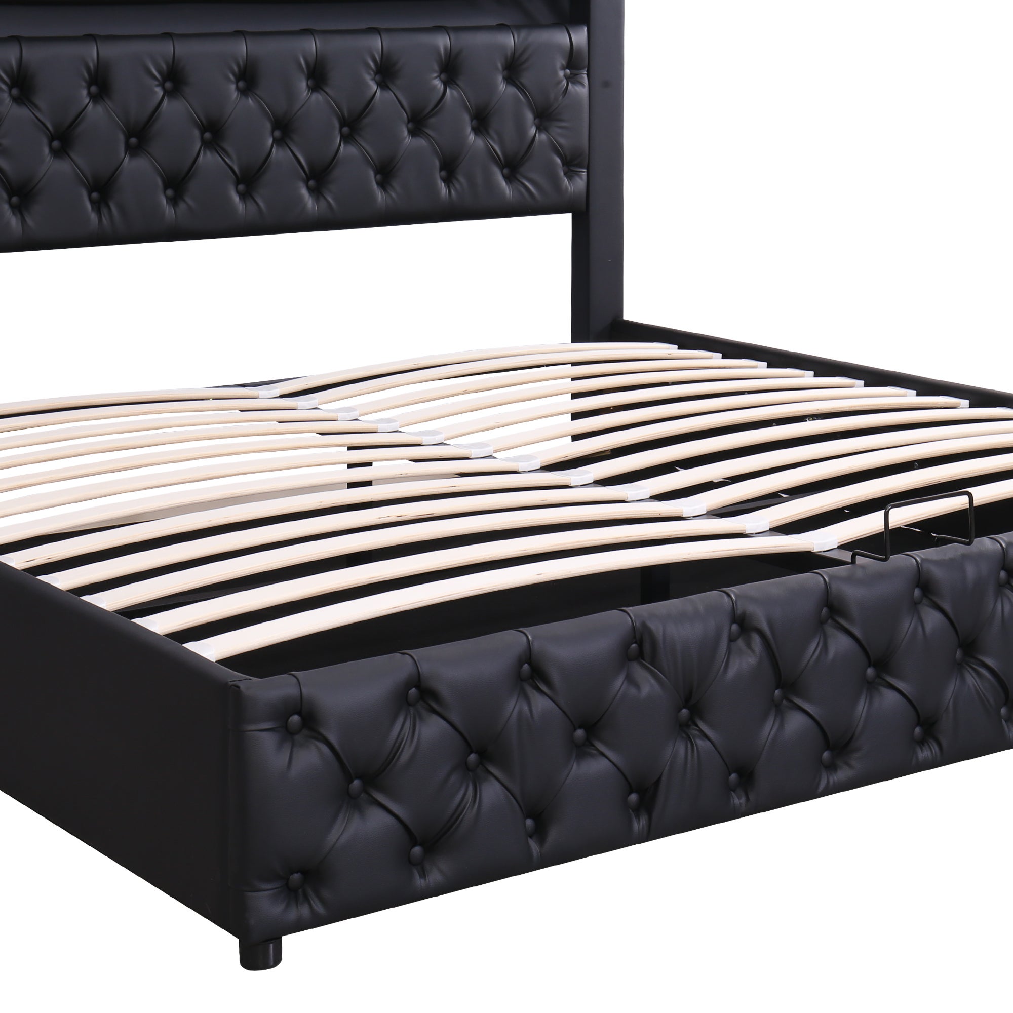 Łóżko z tapicerowanym zagłówkiem z ekoskóry z LED - 180x200cm - z stelażem na listwach - Czarny - 7