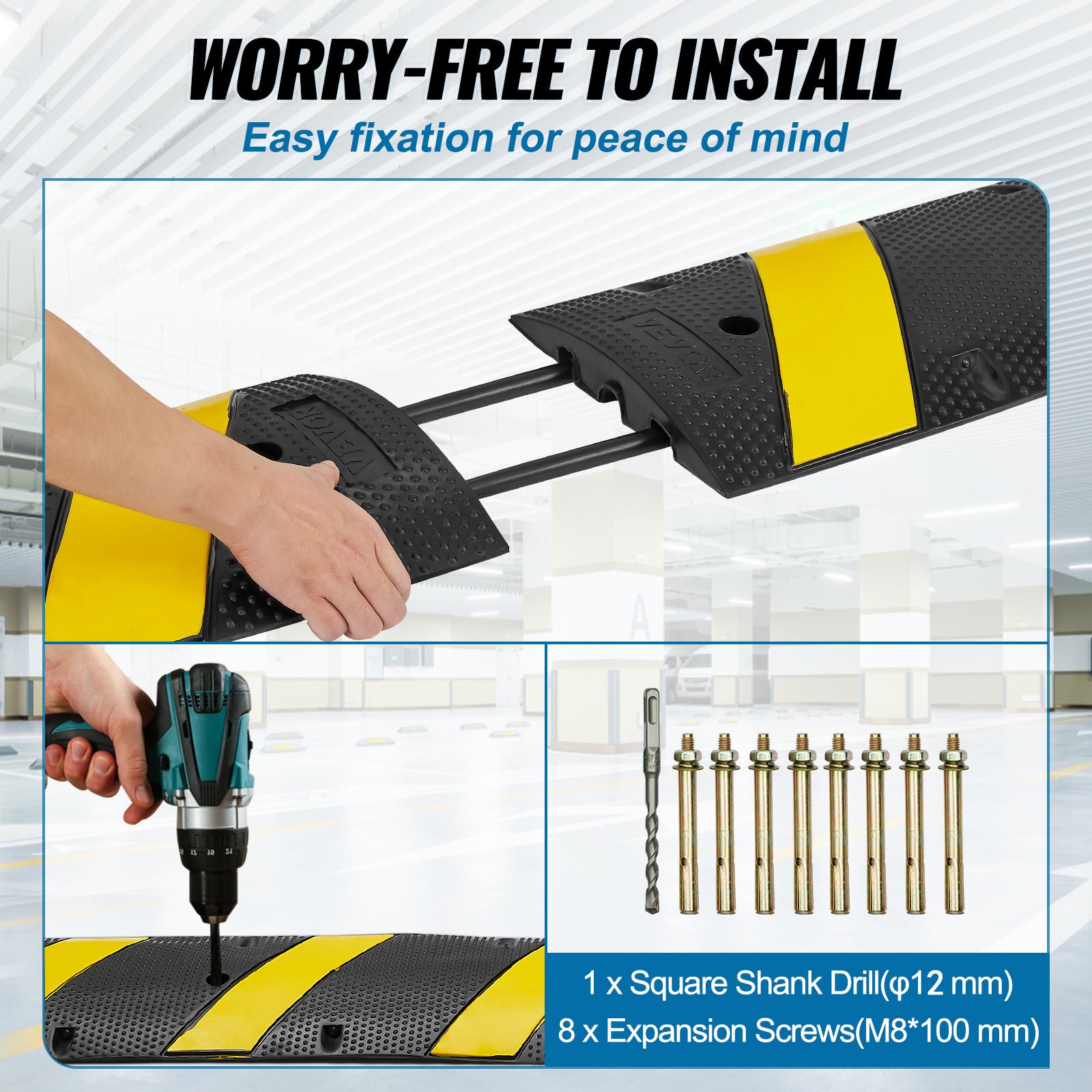 Rampe Protection Câble VEVOR Lot 2, 2 Canaux, Caoutchouc, Charge 10000 kg 8 Vis d'Expansion 1 Foret, pour Routes Parkings, 183x30x4,5 cm, Noir/Jaune - 6