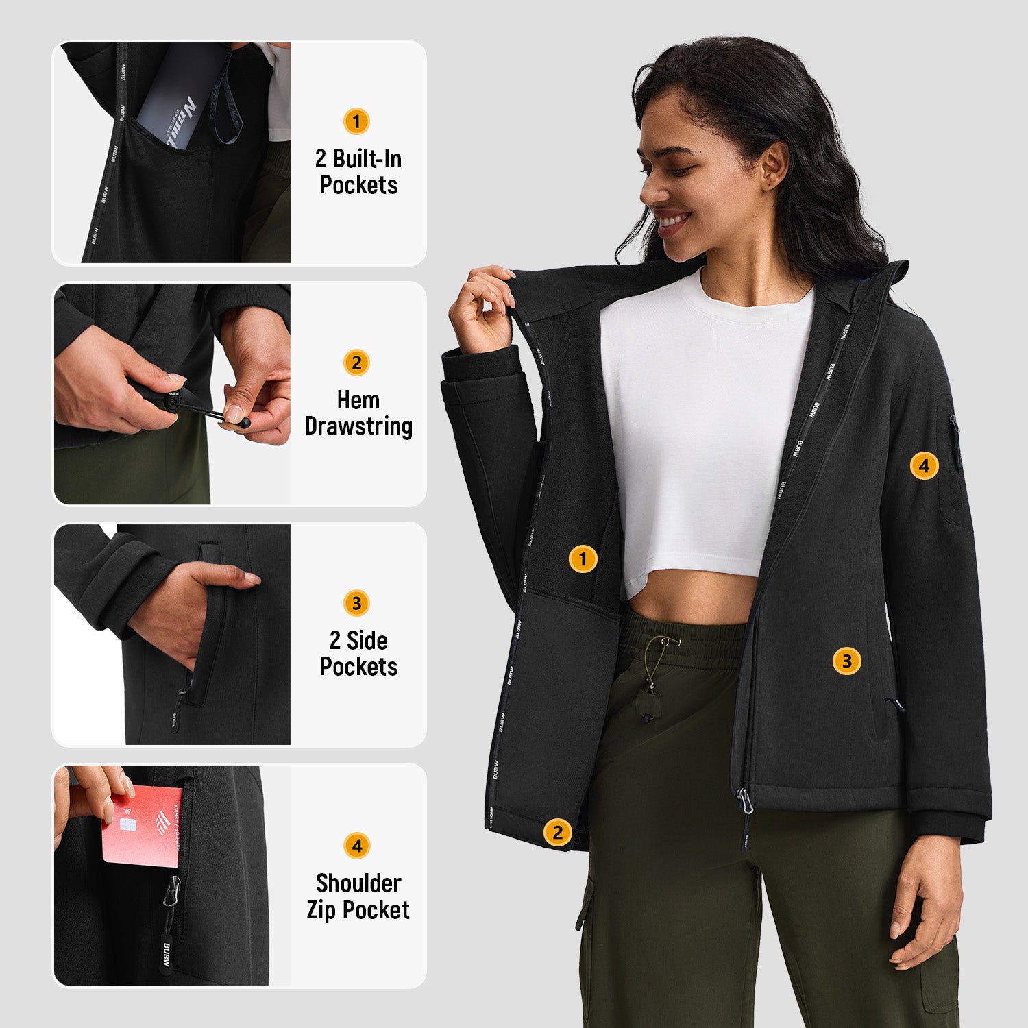 Veste de Travail Femme Taille M Blouson & Softshell - Imperméable, Anti-Vent, Fourré Chaud, Poches Multiples, Capuche - Noir - 2