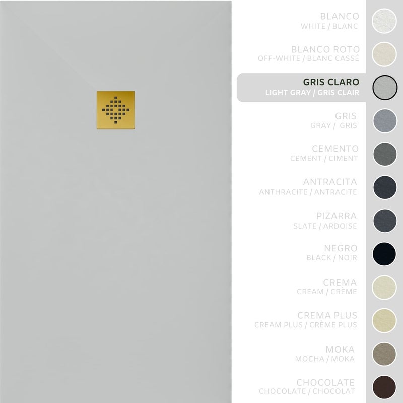 SOULHOME Brodzik prysznicowy– Żywica– Gel Coat– Gładka/Kamienna tekstura – Antypoślizgowy – jasnoszary – 150X70- Niski 3 cm– Ruszt Złoty