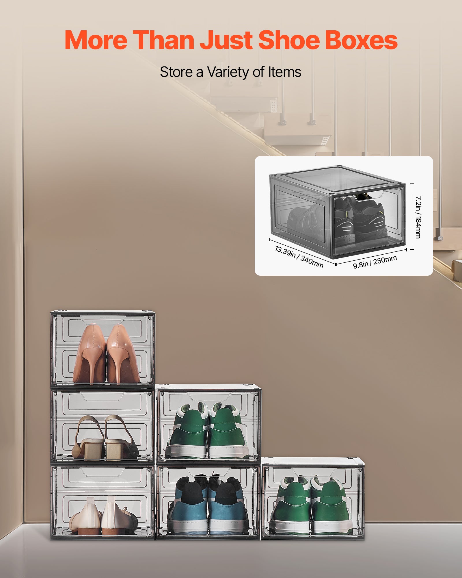 Boîtes à Chaussures Empilables,Lot de VEVOR 6,Jusqu’à Pointure US 13,Plastique avec Porte Magnétique,Bottes Talons Chapeaux,Noir - 4
