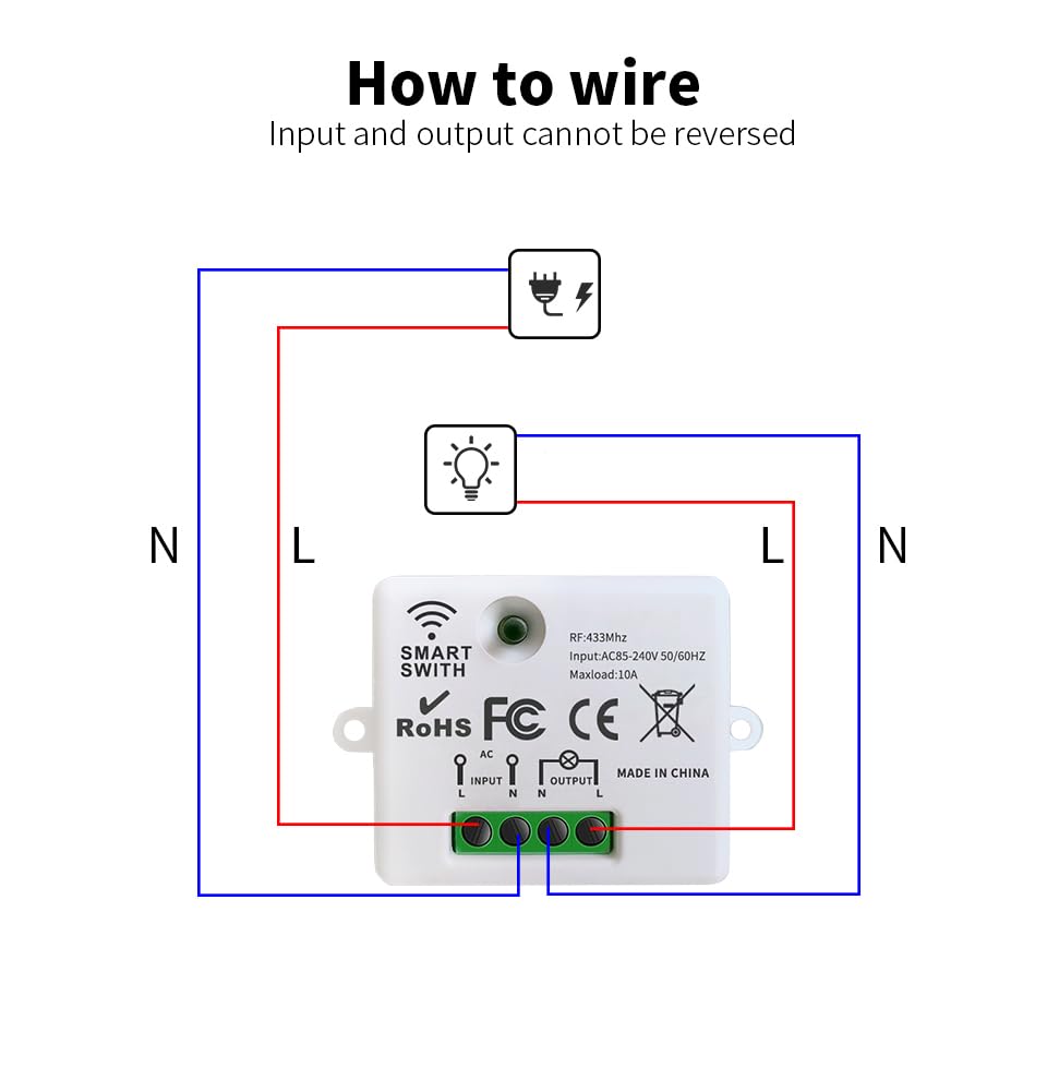 Interruptor de luz inalámbrico 86 interruptor de seguridad RF para panel de pared y controlador receptor de relé de 10 A, sin cableado, fácil instalación, para luces de hasta 1500 W