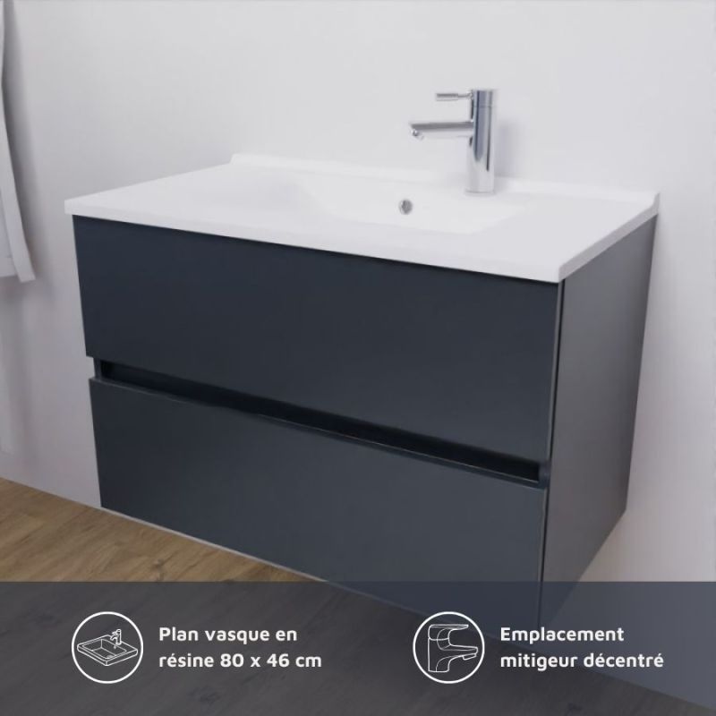 Meuble salle de bain suspendu 80 cm ROSALY | coloris : Gris | plan vasque : Résine - 7