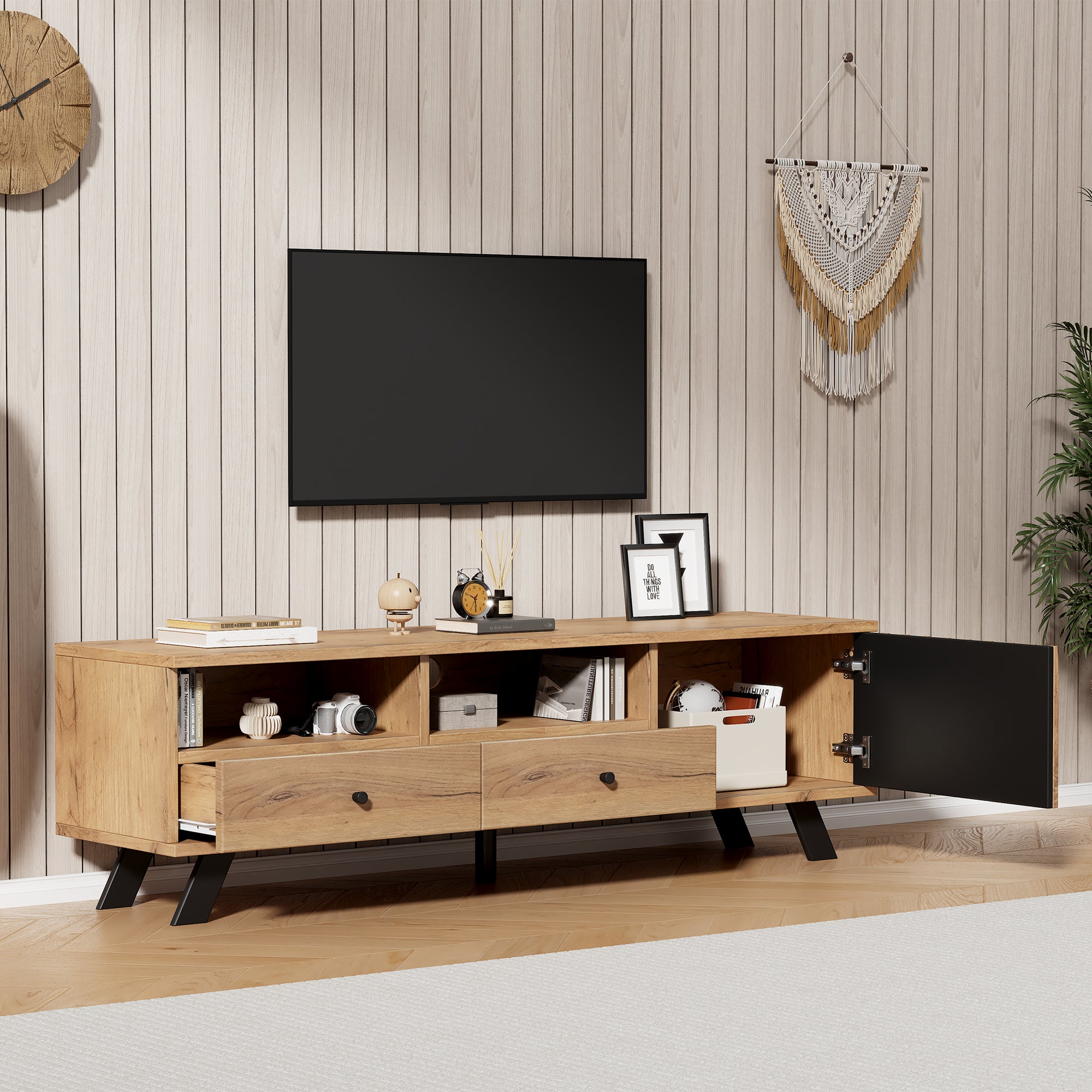 Meuble TV avec 2 tiroirs, 2 compartiments et 1 porte - 150 x 38 x 44 cm - Panneau de particules - Bois naturel - 2