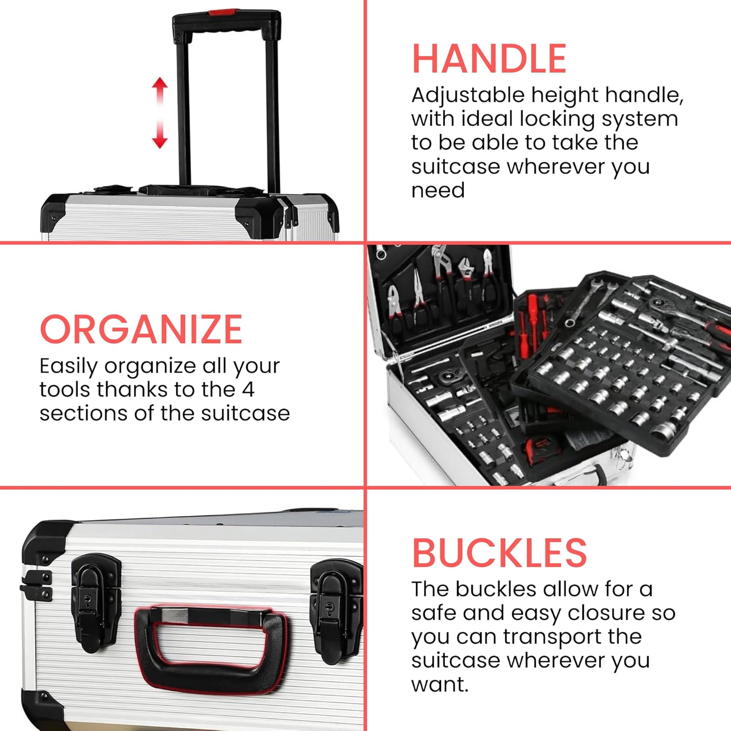 𝗠𝗮𝗹𝗹𝗲𝘁𝘁𝗲 𝗮 𝗢𝘂𝘁𝗶𝗹𝘀 𝟭𝟴𝟳 𝗣𝗖𝘀 𝗖𝗵𝗿𝗼𝗺𝗲 𝗩𝗮𝗻𝗮𝗱𝗶𝘂𝗺.Cassetta degli attrezzi completa con ruote in alluminio impermeabili. - 6