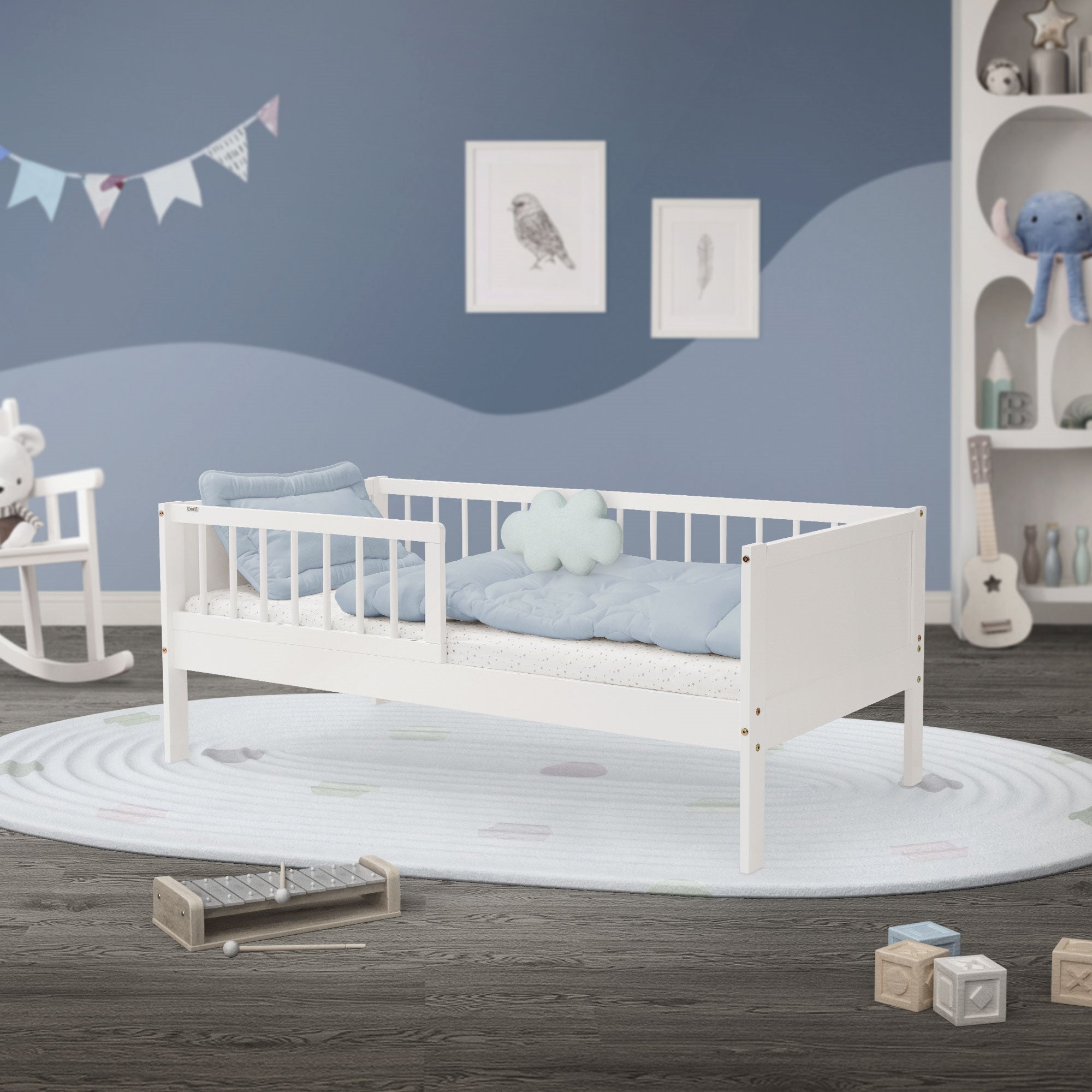 ML-Design łóżko dziecięce 70x140 cm naturalny z materacem barierką ochronną i listwowym stelażem lite drewno sosnowe dla chłopców i dziewczynek