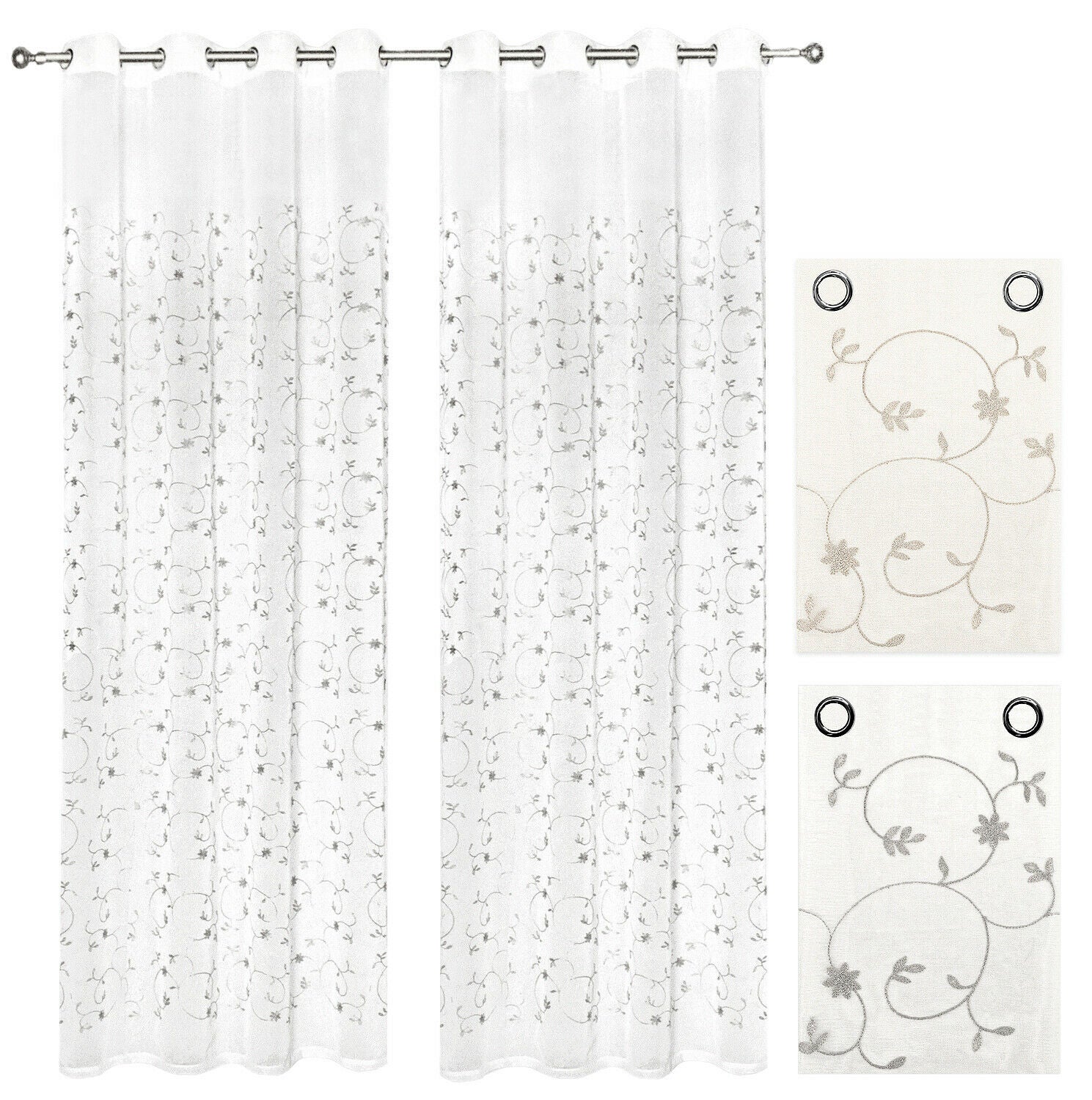 Tende Finestre Porta Interno 140x280 cm Coppia 2 Pz Semitrasparente Fiori Tortora - 3
