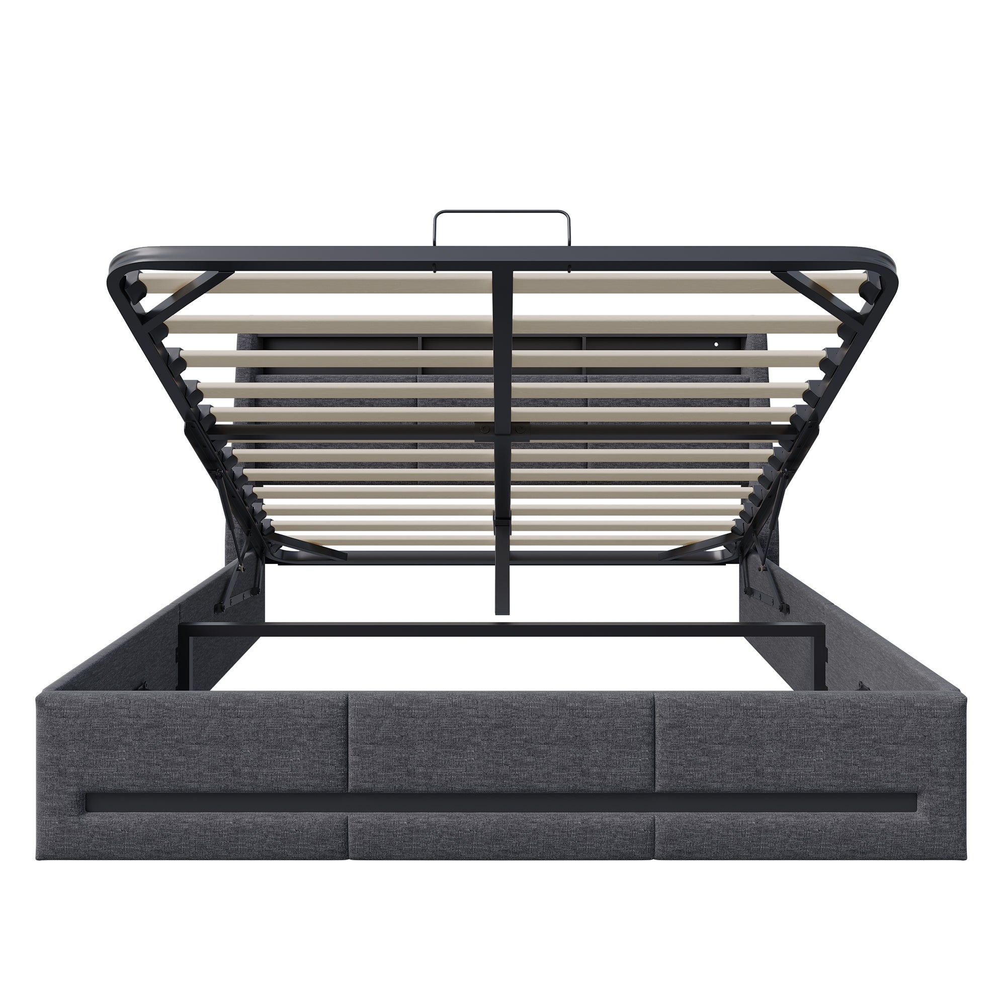 Cama doble de 140x190 cm en lino gris con almacenamiento hidráulico, cabecero con puertos USB y tiras de luces LED RGB. - 8