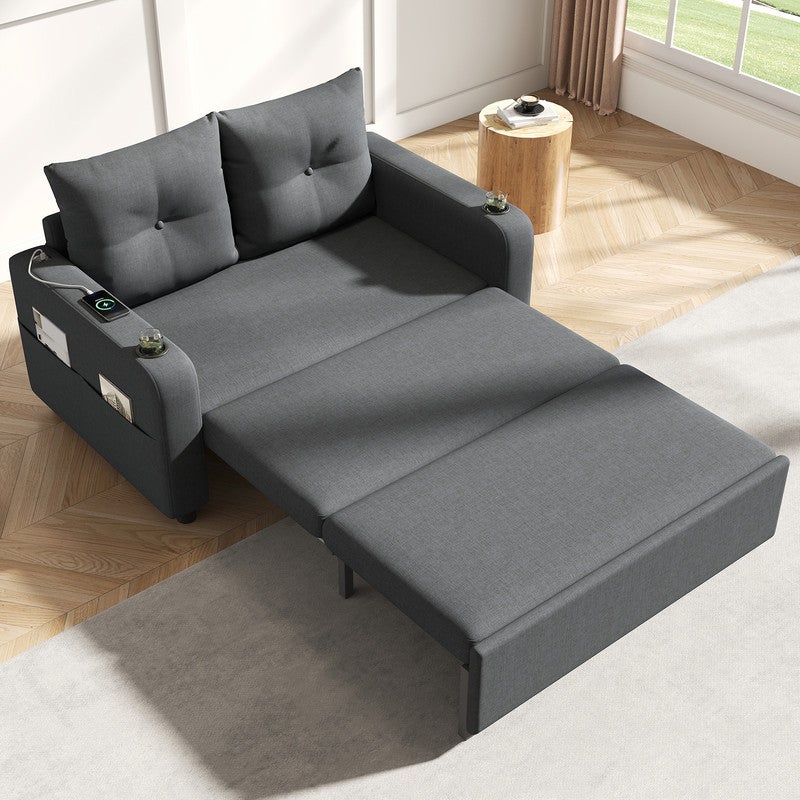 Canapé-lit 2 places 3 en 1 - Modèle dépliable - Porte-gobelet et poche latérale - Coussin de dossier - Port USB - Gris - 3