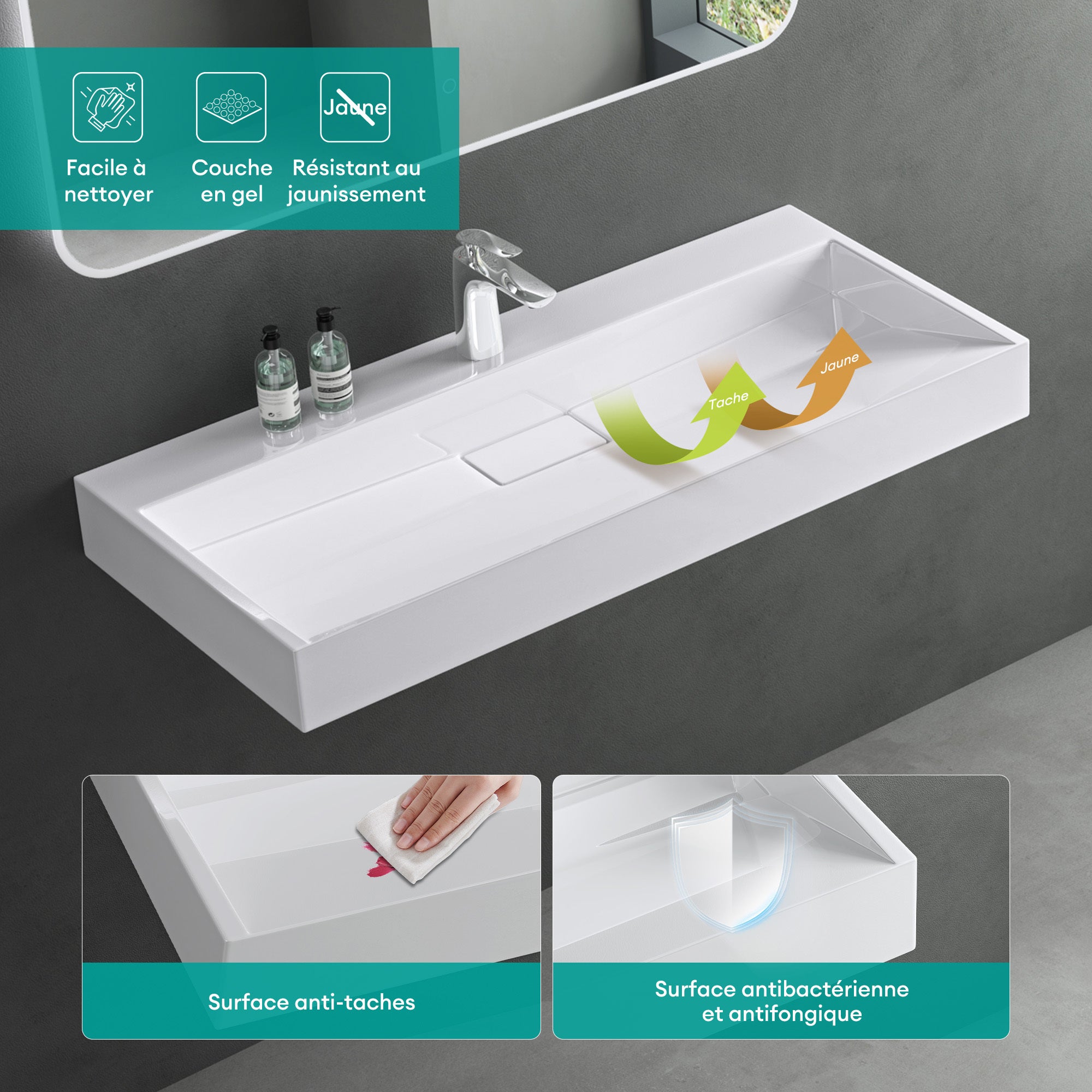 Mai & Mai Lavabo Suspendu Blanc 120x46x11cm Vasque à Poser Rectangulaire avec Perçage pour Robinet avec Bonde et Cache Bonde Col19 - 5