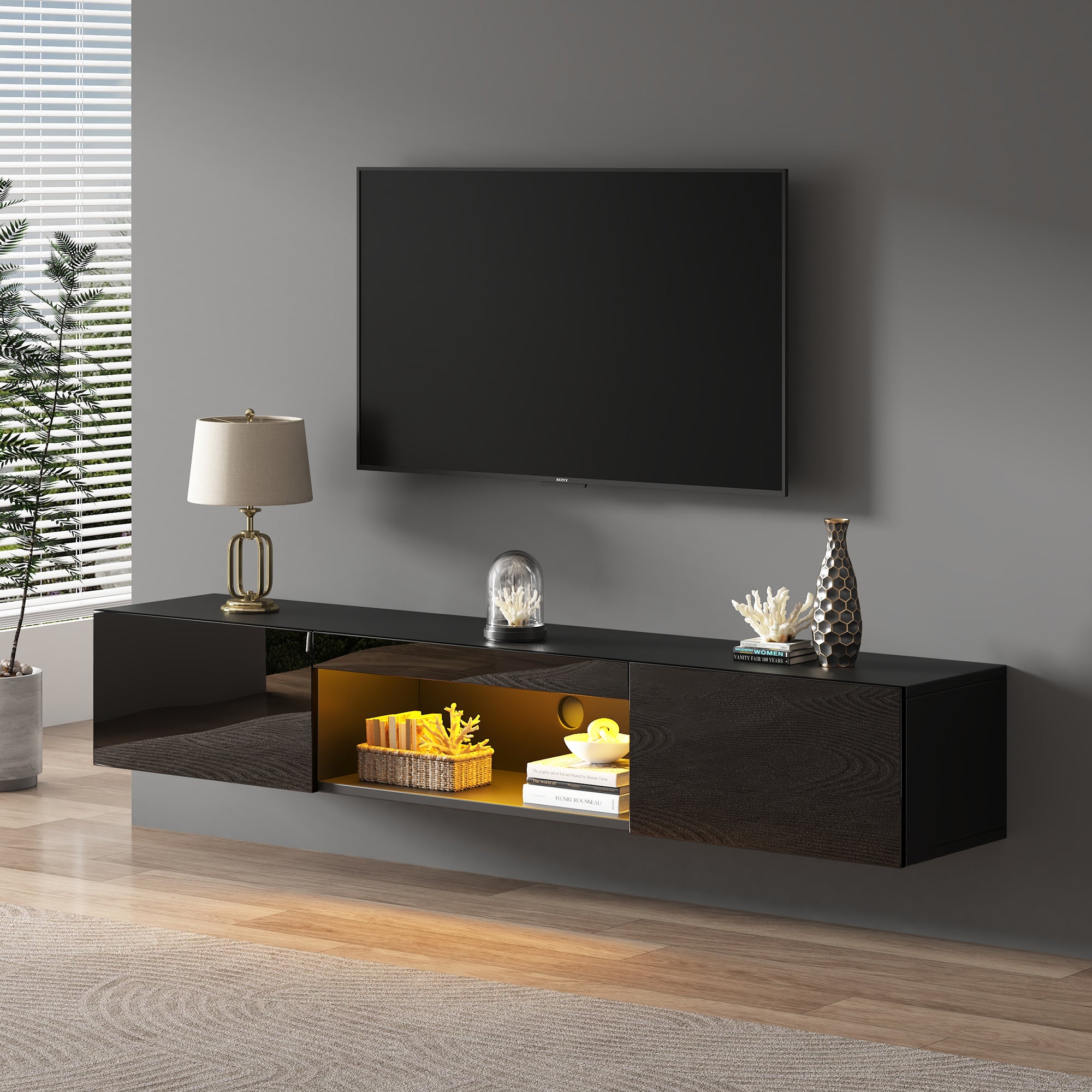 Szafka ścienna pod telewizor z 2 drzwiami i otwartą przegrodą - 160 x 31 x 22 cm - Oświetlenie LED - Płyta wiórowa - Czarny połysk - 3