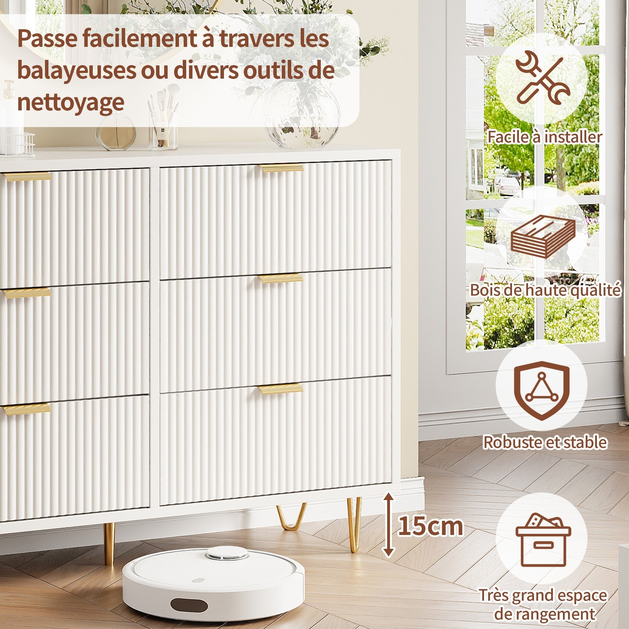 Commode à 6 tiroirs - 100x34x73cm - avec poignées et pieds en métal doré - designe moderne - blanc - 6