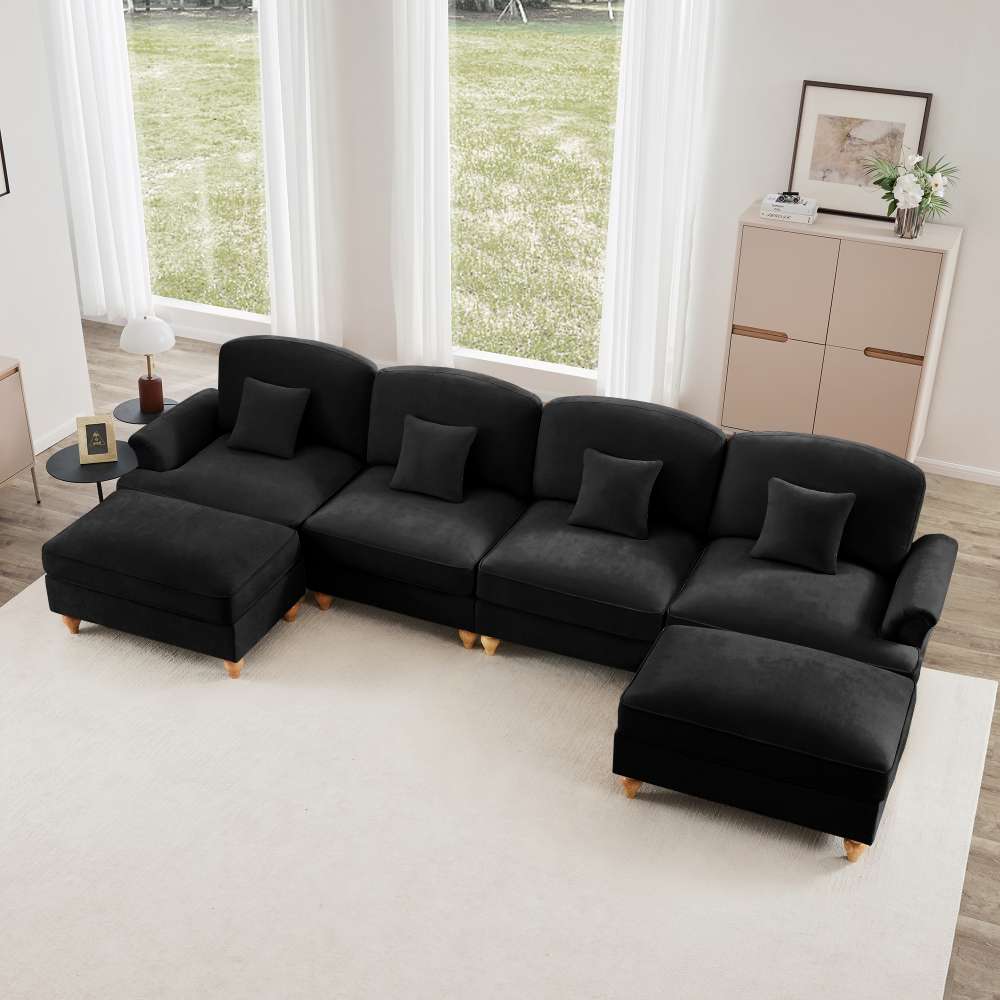 Divano modulare U 4 posti in chenille morbida con gonna removibile, braccioli a trombetta, gambe a spillo e pouf mobile –divano trasformabile 2 design - 5