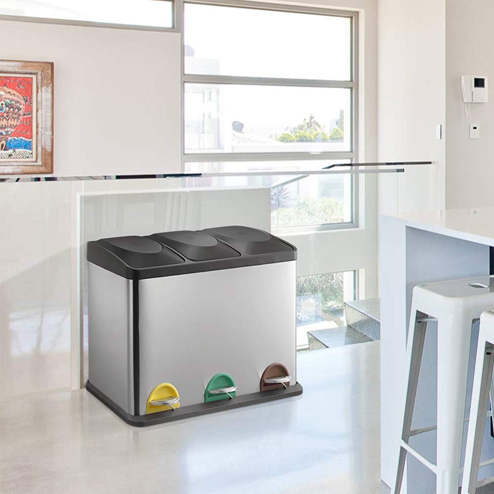 Pattumiera Differenziata BAKAJI - 3 Scomparti Da 18L, Acciaio Inox, Apertura A Pedale, 54L Totale - Foto 7