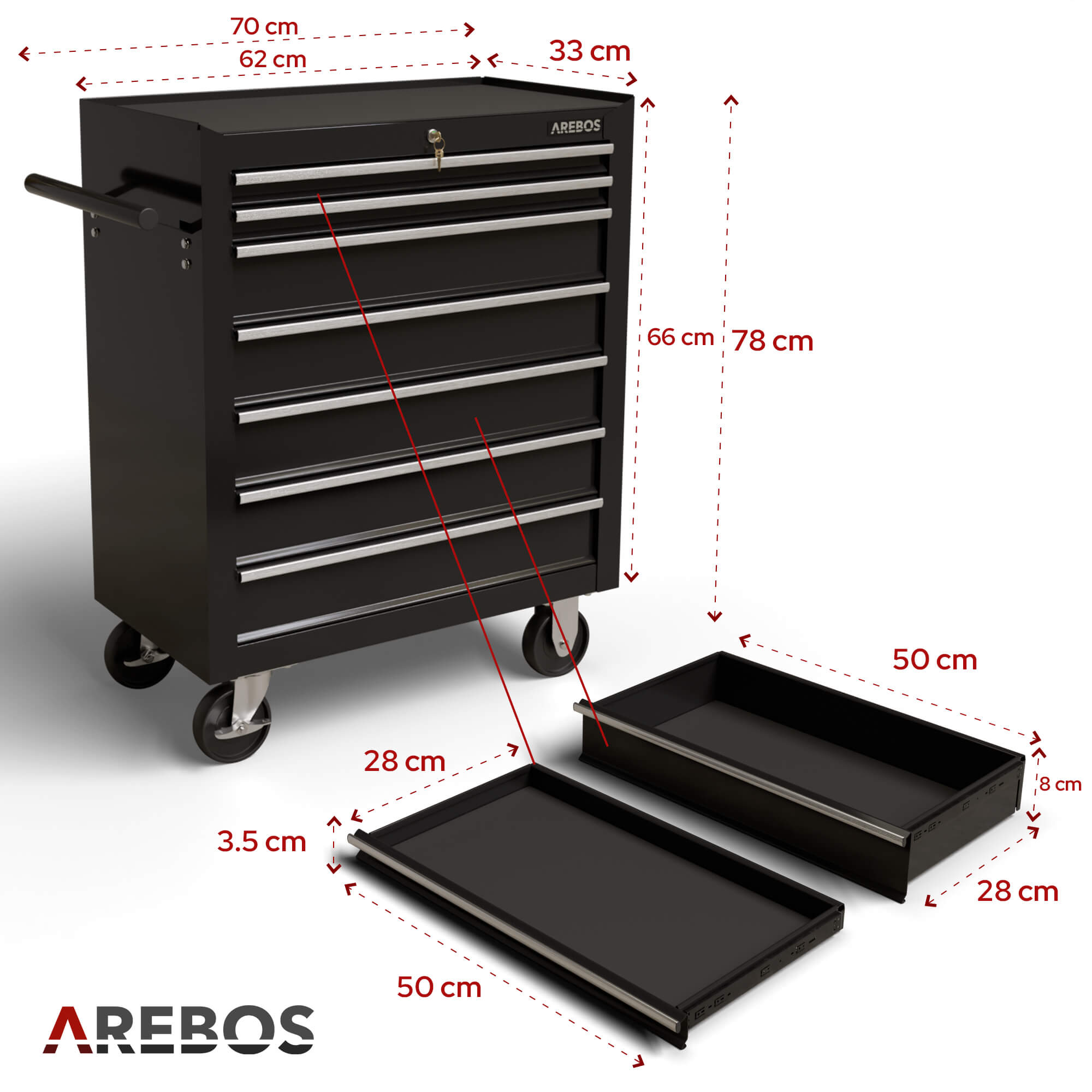 AREBOS Chariot à Outils 7 Tiroirs – Verrouillage Central, Acier Robuste, Tapis Antidérapants, Roues Pivotantes avec Freins - 9