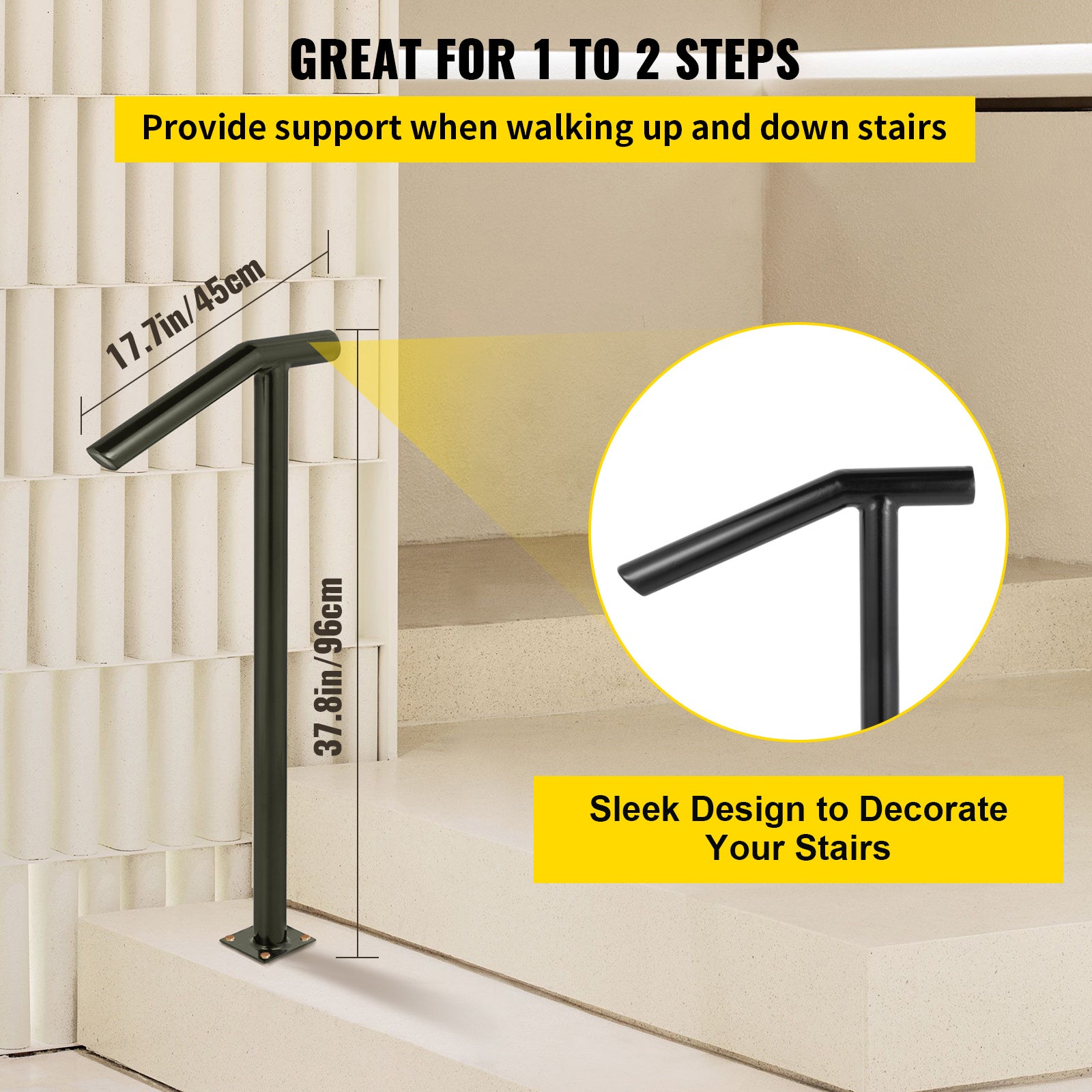 Rampe Ronde Métal SucceBuy 2 Marches Escalier Extérieur 18L x 38H Pouces Poteau Boulonné Inclus - 5