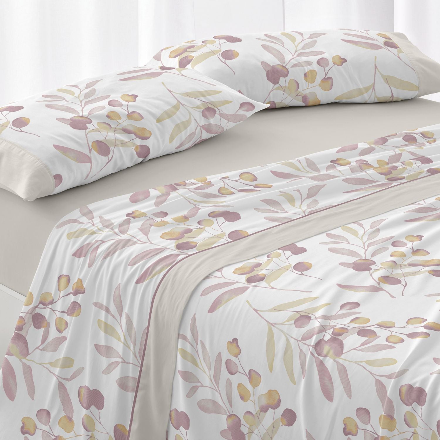 Juego sábanas franela diseño 574. burrito blanco. incluye sábana encimera, bajera y 1/2 fundas de almohadas. estampado botanico en acuarela .disponib