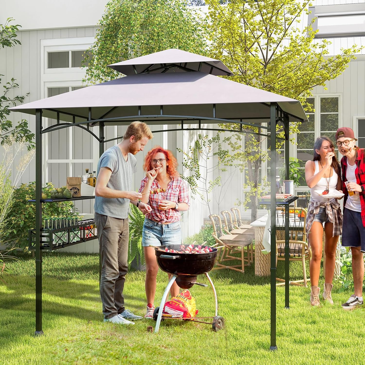 Tonnelle de Barbecue 242 x 153 cm avec 2 Etagères Latérales, Abri Barbecue Cadre en Métal avec Panier de Rangement pour Jardin Cour - 2