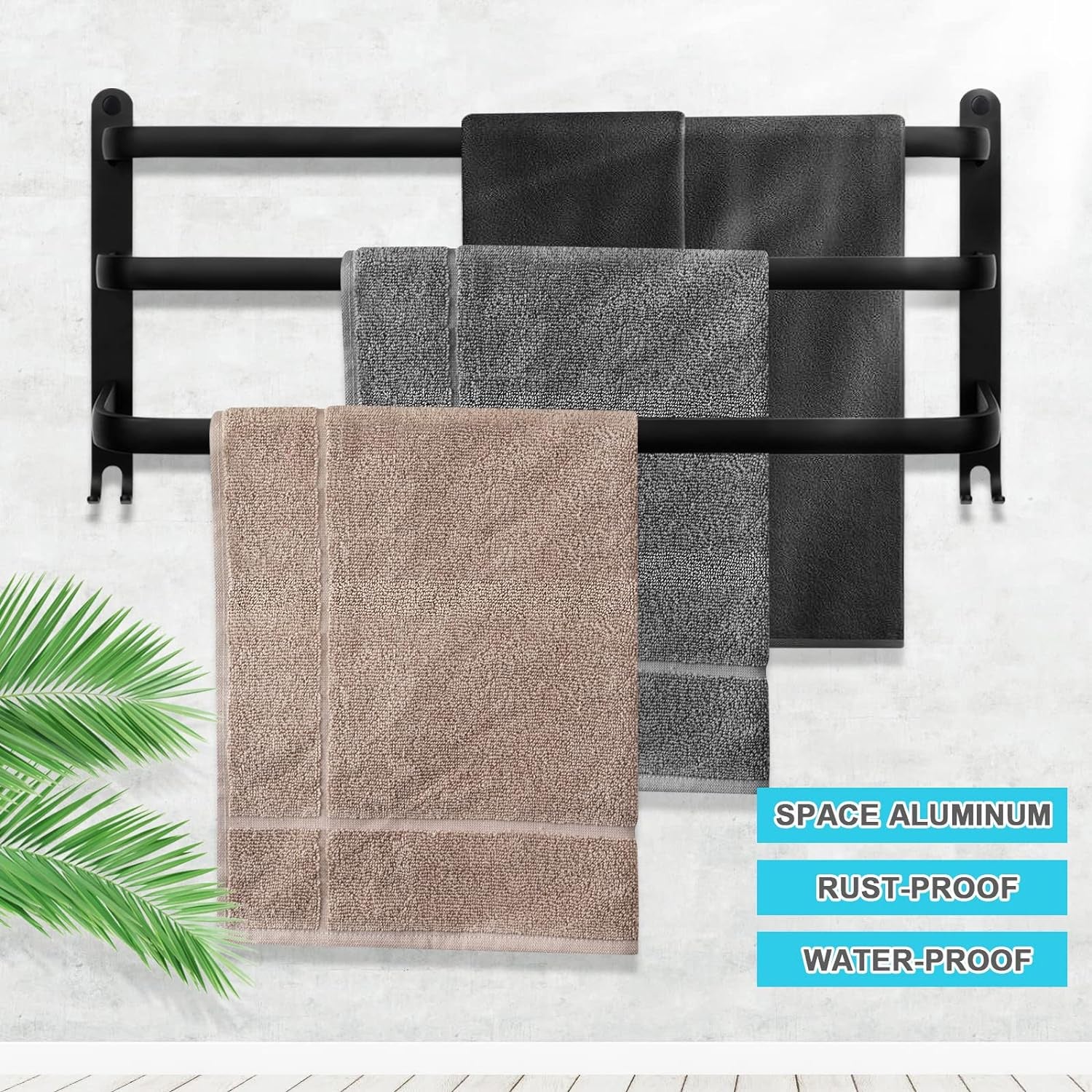 100 pcs Porte Serviettes Salle de Bains,70cm Noir Étanche Barres Porte Serviettes Mural avec Croche - 2