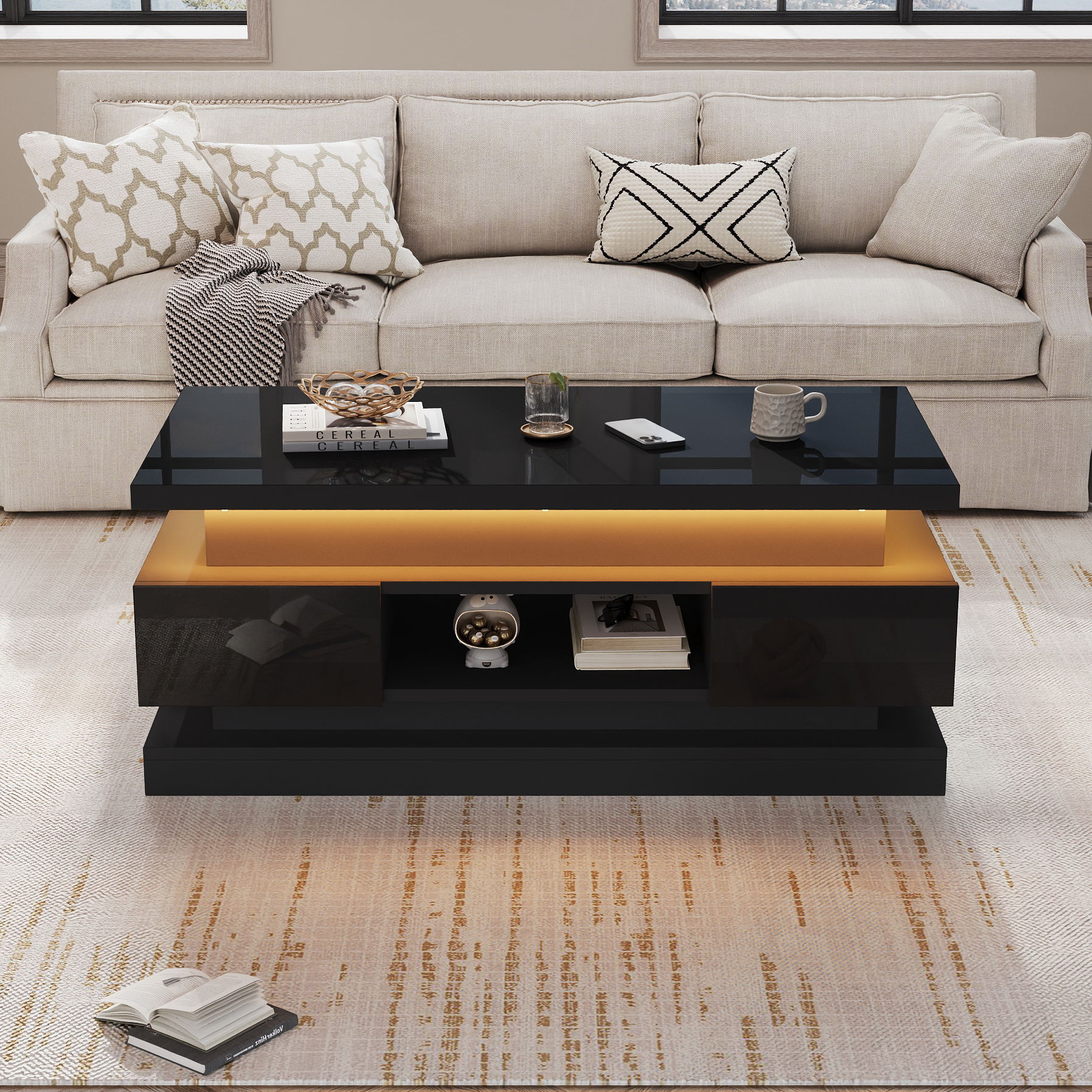 Tavolino Da Caffè HOMERECOMMEND Con Alzata – 90x50x48,5 Cm, Ripiani E Vano Nascosto, Stile Rustico Nero/marrone - 3