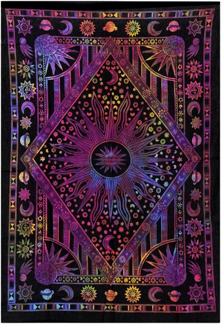 Słońce Księżyc Hippie Mandala Płonące Słońce Psychodeliczny Wielokolorowy Gobelin - 150 x 100 cm Indyjski Bawełniany Zodiak