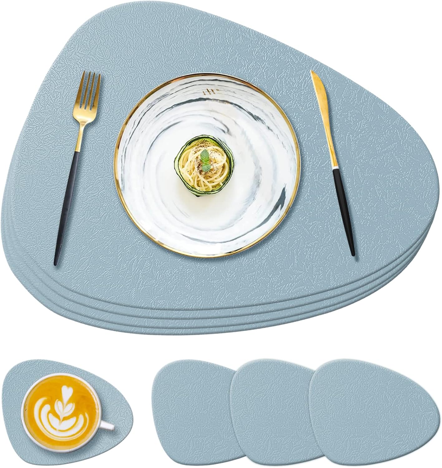 Zestaw 4 silikonowych podkładek i podstawek w kolorze błękitnym, 13,8 x 11,1 x 0,15 cm, antypoślizgowe, zmywalne, odpowiednie do stołów jadalnych