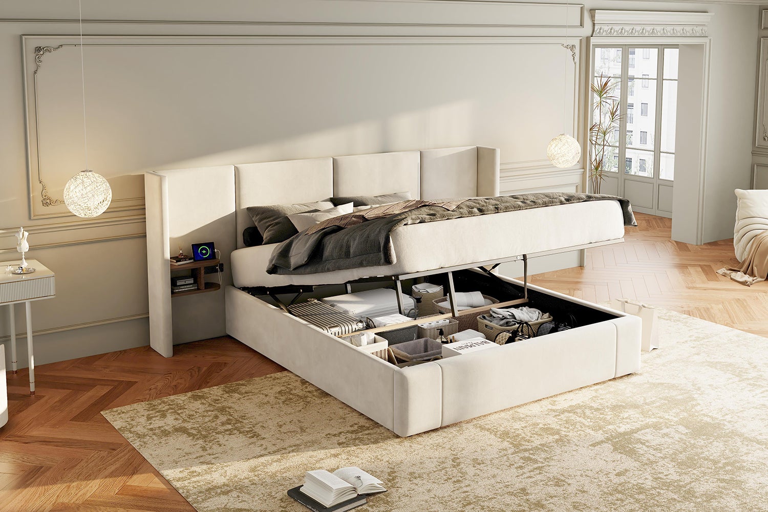 Cama arrumação 160 x 200 cm com cabeceira grande - 2 mesas de cabeceira e porta USB - Veludo - Bege (sem colchão) - 4