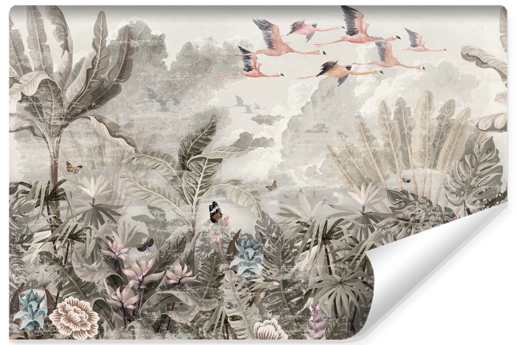 Vlieseline papier peint photo pour chambre plantes flamants rétro 368cm x 254cm
