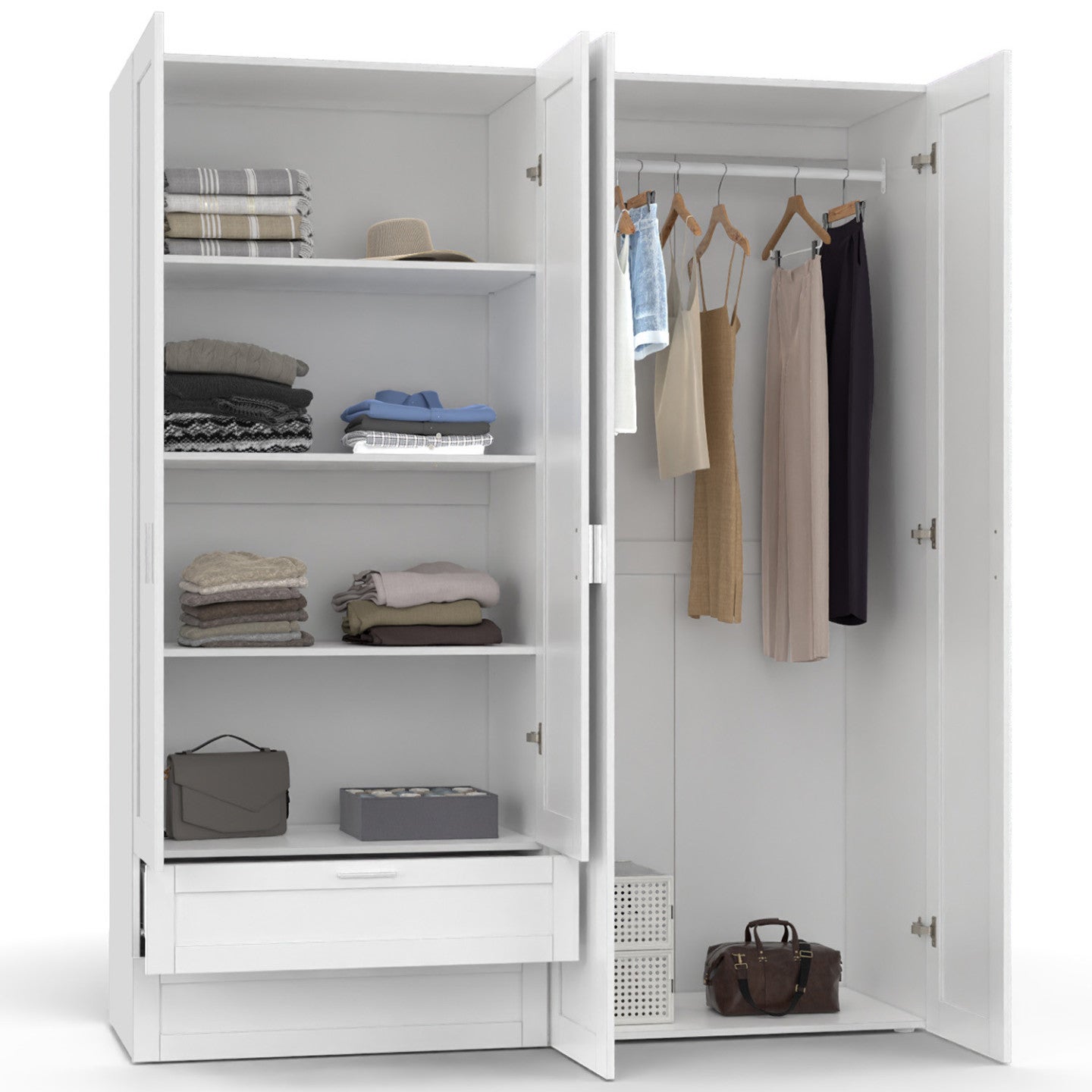 Armoire 4 portes VITO blanc penderie 160 cm avec 2 tiroirs et étagères - 3