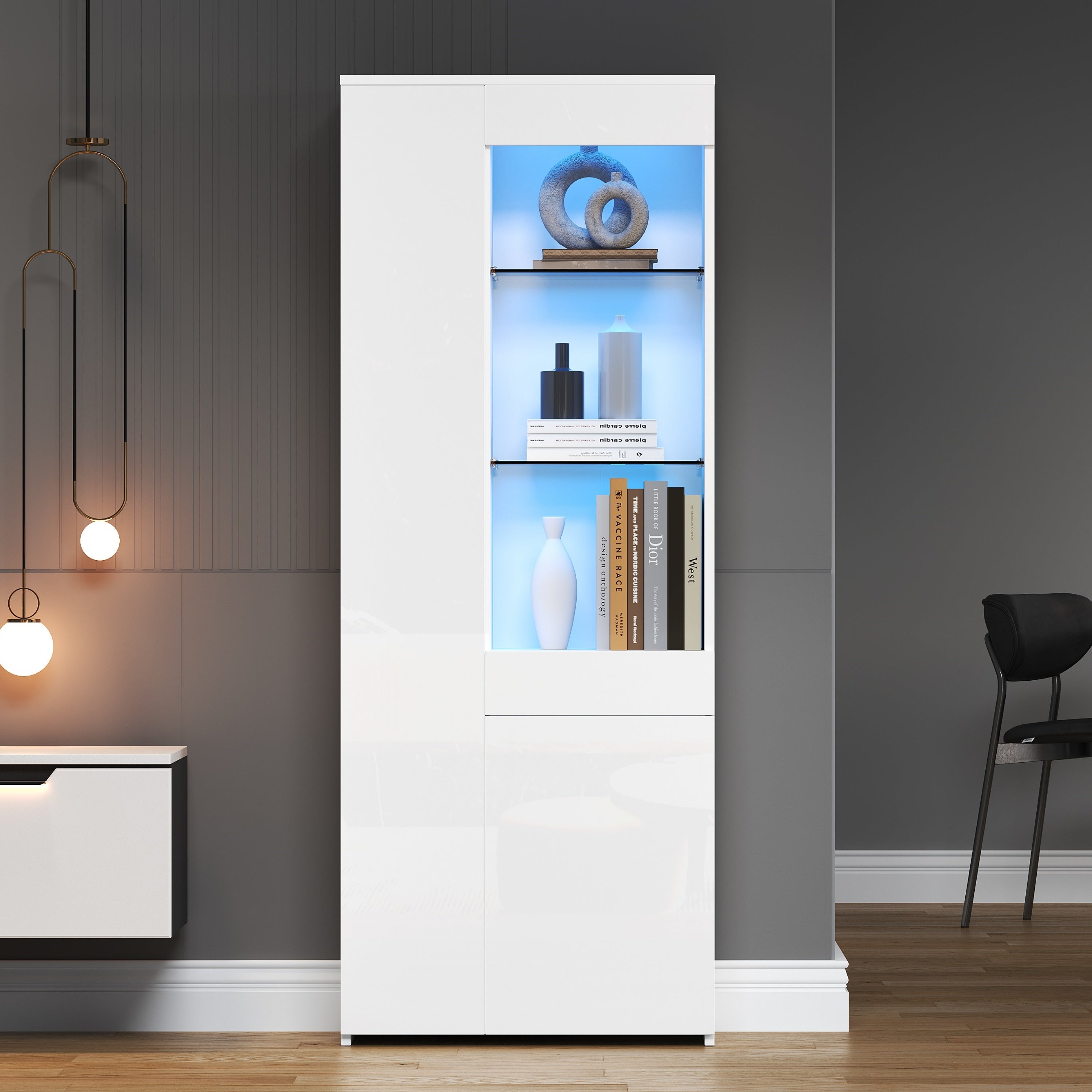 Witryna połyskowa 70x35x180 cm - z oświetleniem LED - 2 drzwi i 1 szuflada - biała