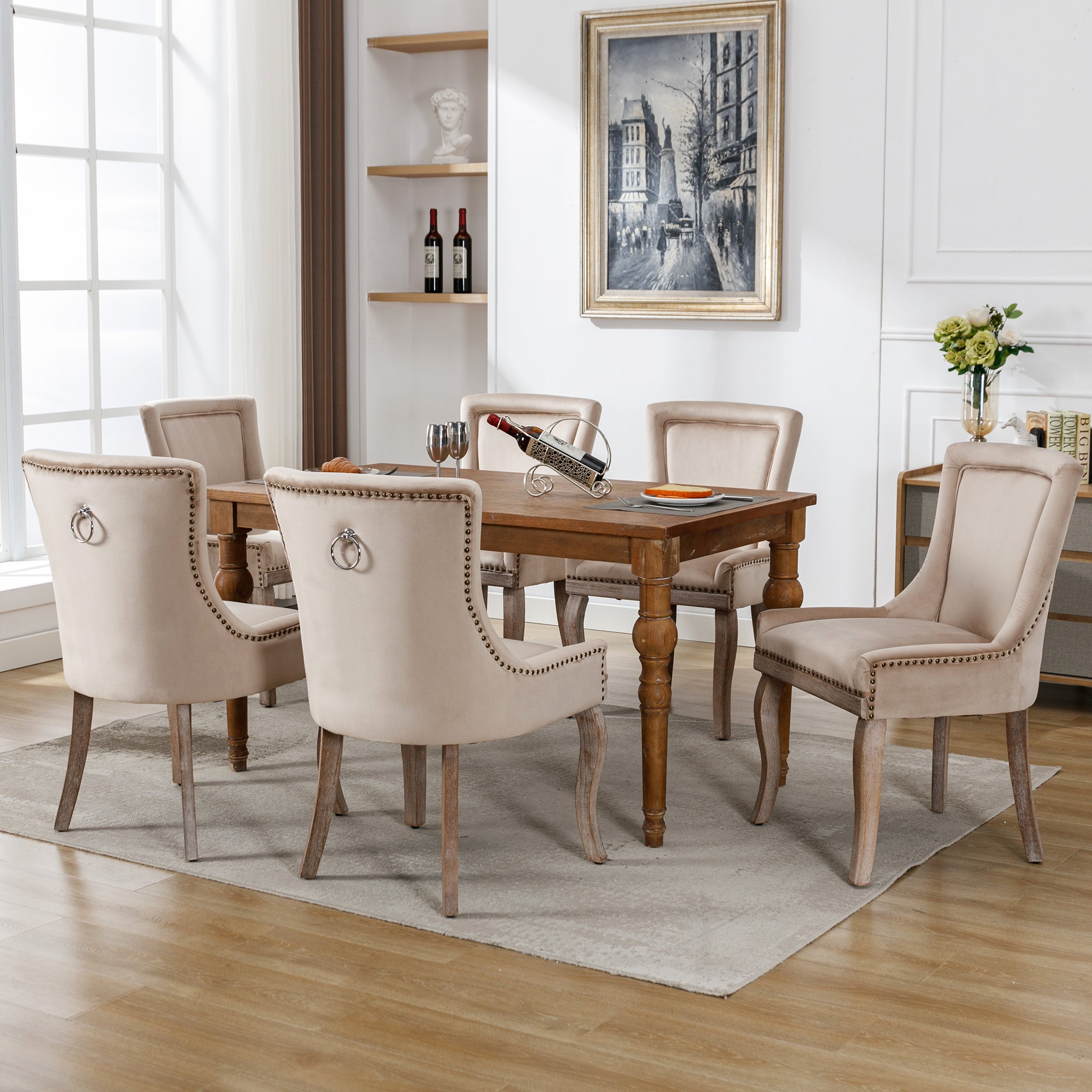 Sedia Da Pranzo In Velluto Beige Con Bottoni, 6 Pezzi, Struttura In Legno Massello, 50x41x91cm