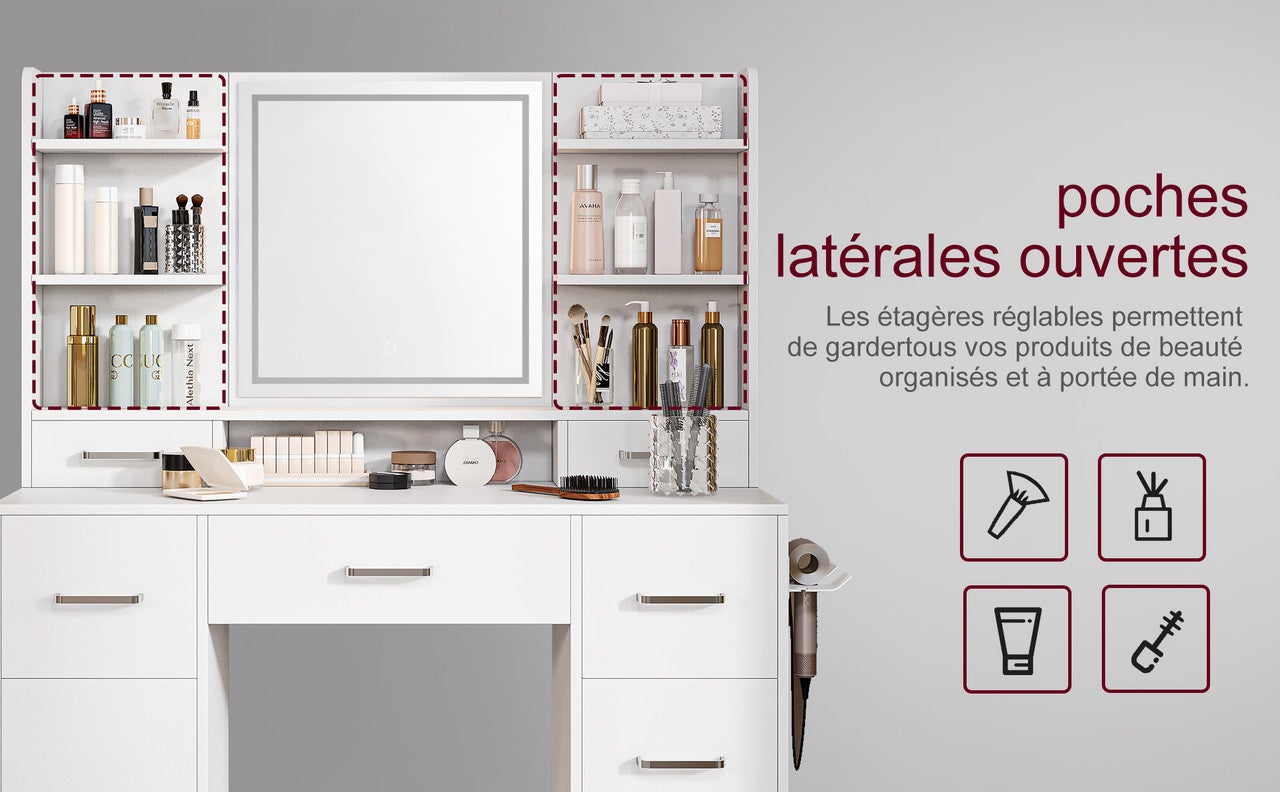 Coiffeuse avec Miroir LED, 3 Couleurs, Meuble de rangement, Coiffeuse de chambre, 7 tiroirs 1 porte, Style Moderne, 110x40x140 cm, 7 Étagères, Blanc - 6