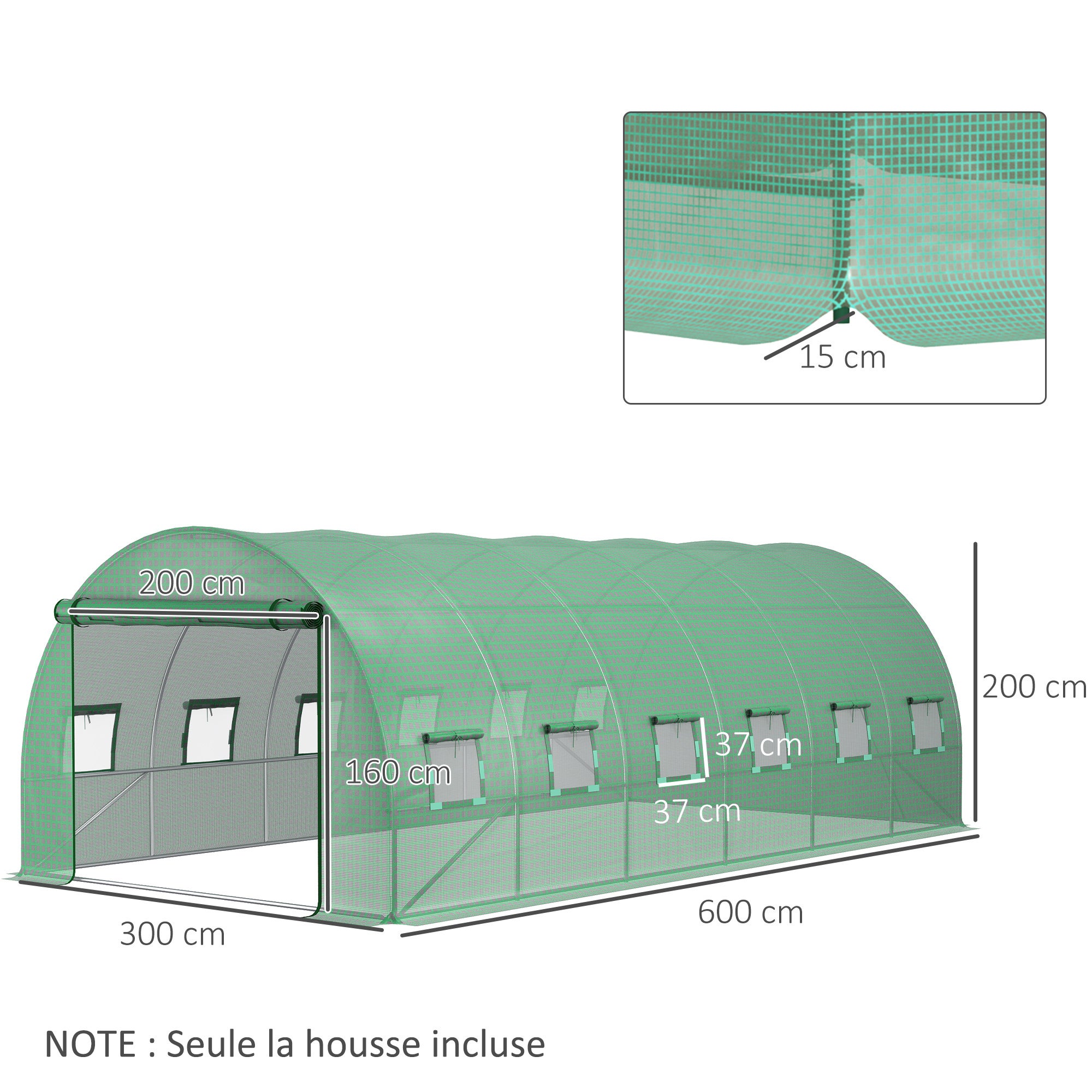 Bâche de Rechange Serre Tunnel 18 m², bâche 6 x 3 x 2 m PE Anti-UV imperméable 12 fenêtres + Porte Enroulable zippée vert - 5