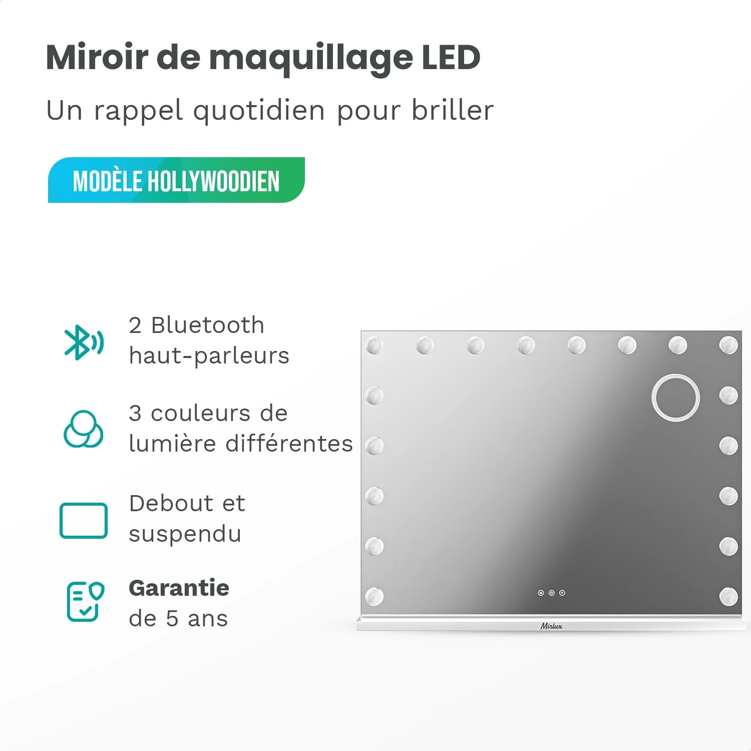 Miroir de maquillage Mirlux Hollywood 80x60 cm - 2 haut-parleurs Bluetooth - Ports de chargement USB et USB-C - Blanc - 2