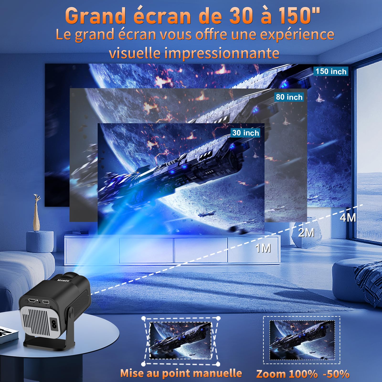 Vidéoprojecteur 1080P FHD,WiFi 6, Portable Projecteur 4k Dual Contrôle avec Supporté 270° Rotation Android TV/USB/PC - 8