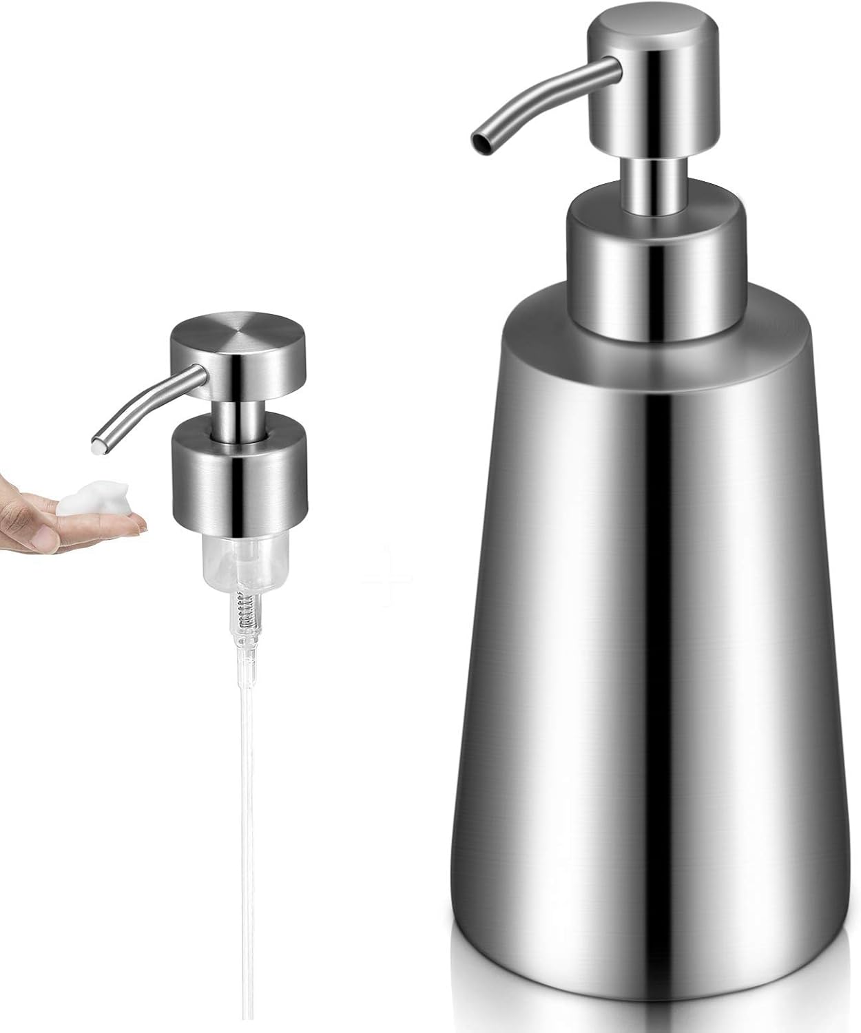 Dozownik mydła w płynie 350 ml + dozownik piany z pompką ze stali nierdzewnej 304 do łazienki i kuchni, srebrny