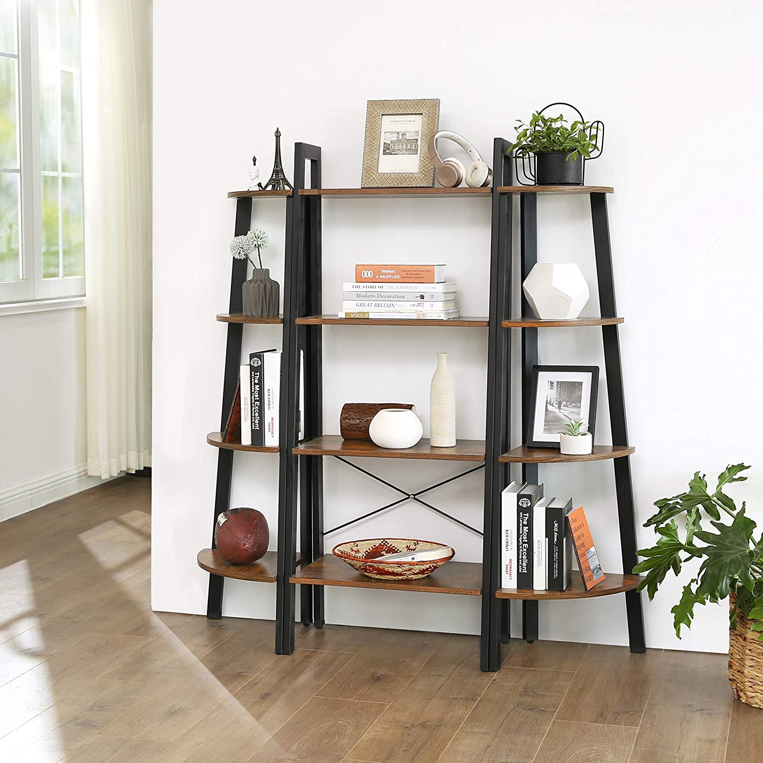 Estantería escalera rinconera de 4 niveles, librería vintage para hogar, salón, dormitorio y balcón, color negro - 4