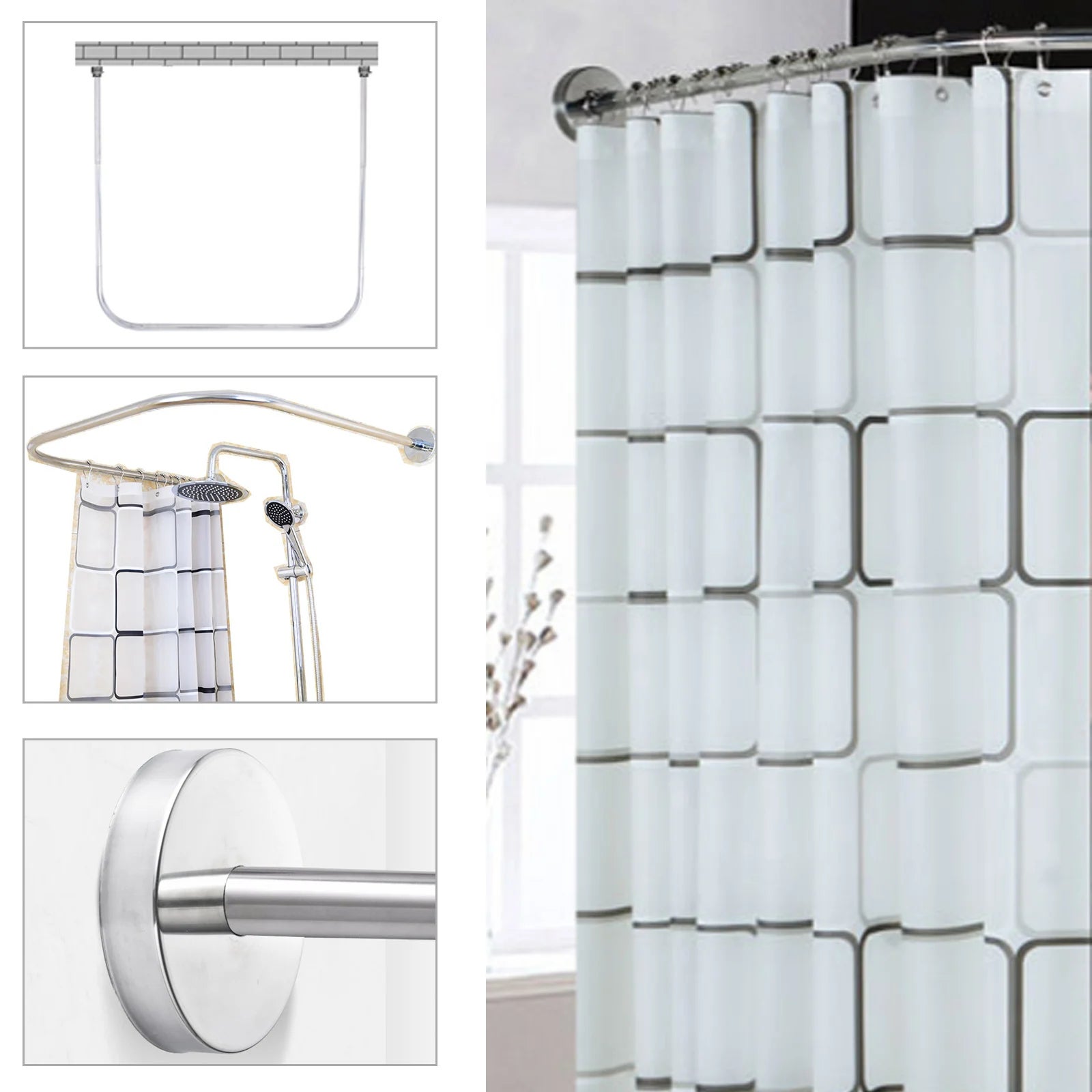 9PCMeuble salle de bain Ensemble Barre de Rideau de Douche en U en Acier Inoxydable,Pôle de Douche pour Toilettes et Salle de Bain en Acier Inoxydable - 3