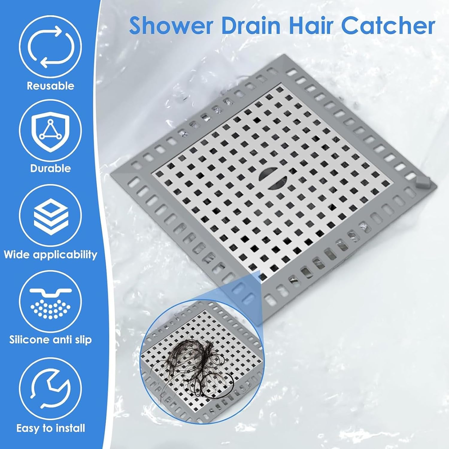 Grille de douche anti-cheveux - Attrape-cheveux carré pour douche - 12,2 x 12,2 cm - pour salle de bain et cuisine - Argent - 3