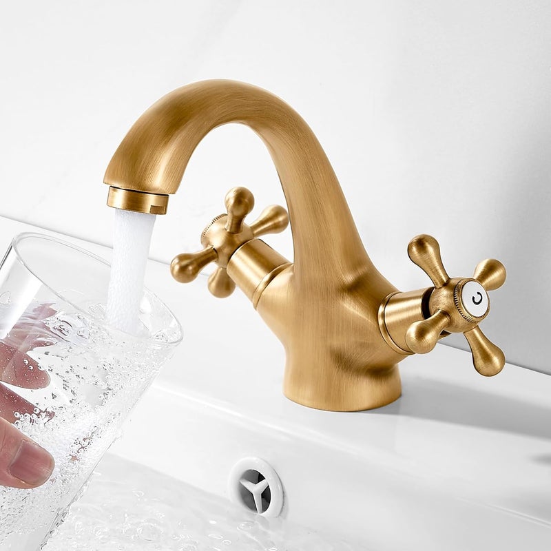 Bateria umywalkowa w stylu retro, szczotkowana, z podwójnym uchwytem - Antyczny mosiądz vintage - Bateria do zlewu w stylu klasycznym, złączka G3/8