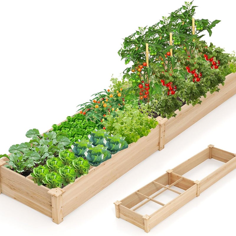 Podwyższone Łóżko Ogrodowe z Drewna Sosnowego 0,26m³, z 2 Pojemnikami i Przegrodami, 1 Pojemnik Podzielony na 4, dla Kwiatów, Warzyw, 228 x 62 x 25cm