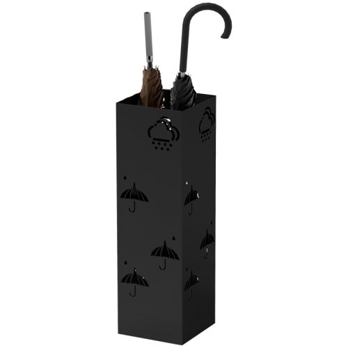 Porte-parapluie avec 4 crochets et bac amovible, support décoratif pour parapluies et cannes, acier 15,5x15,5x49 cm, noir - 2